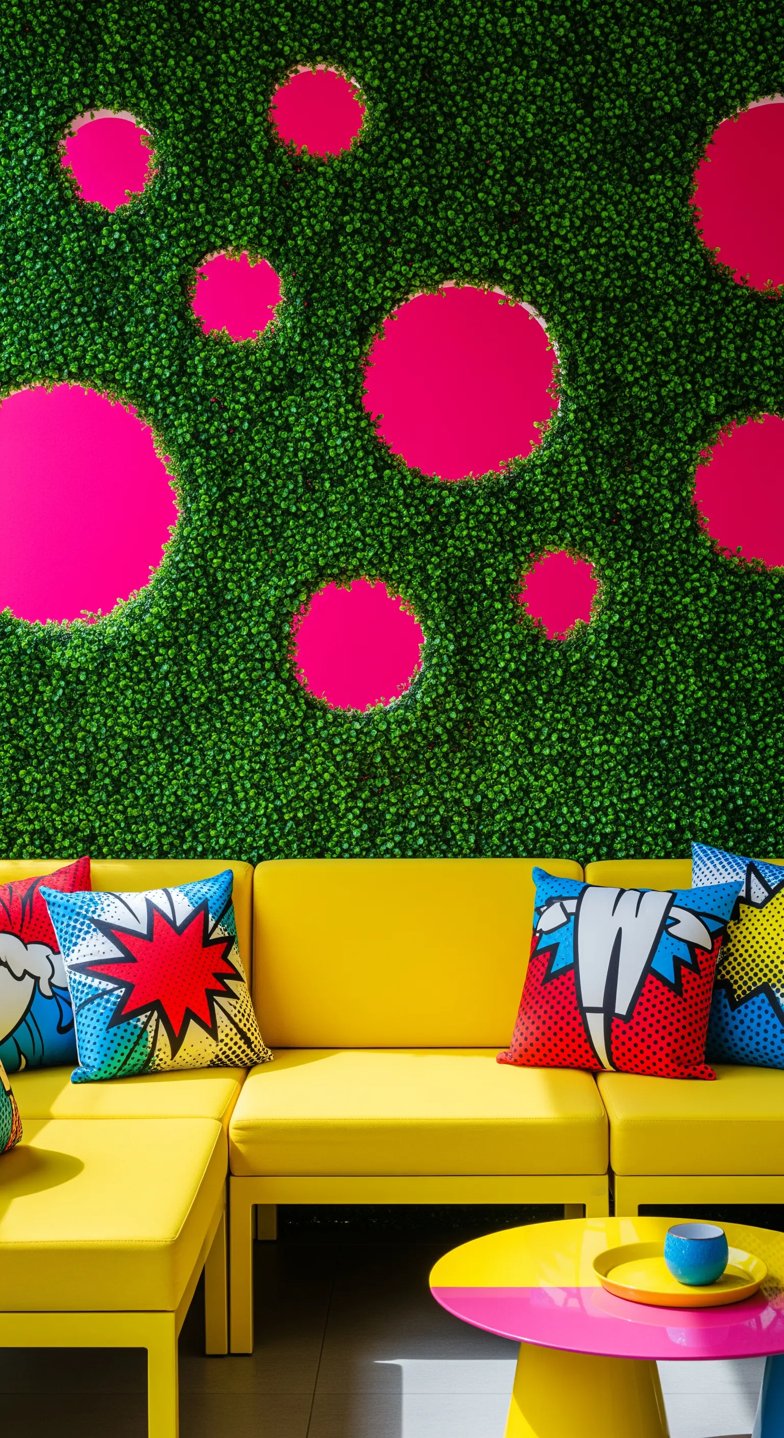 Balcone pop art con divano giallo, cuscini a fumetti e una parete verde con cerchi rosa.
