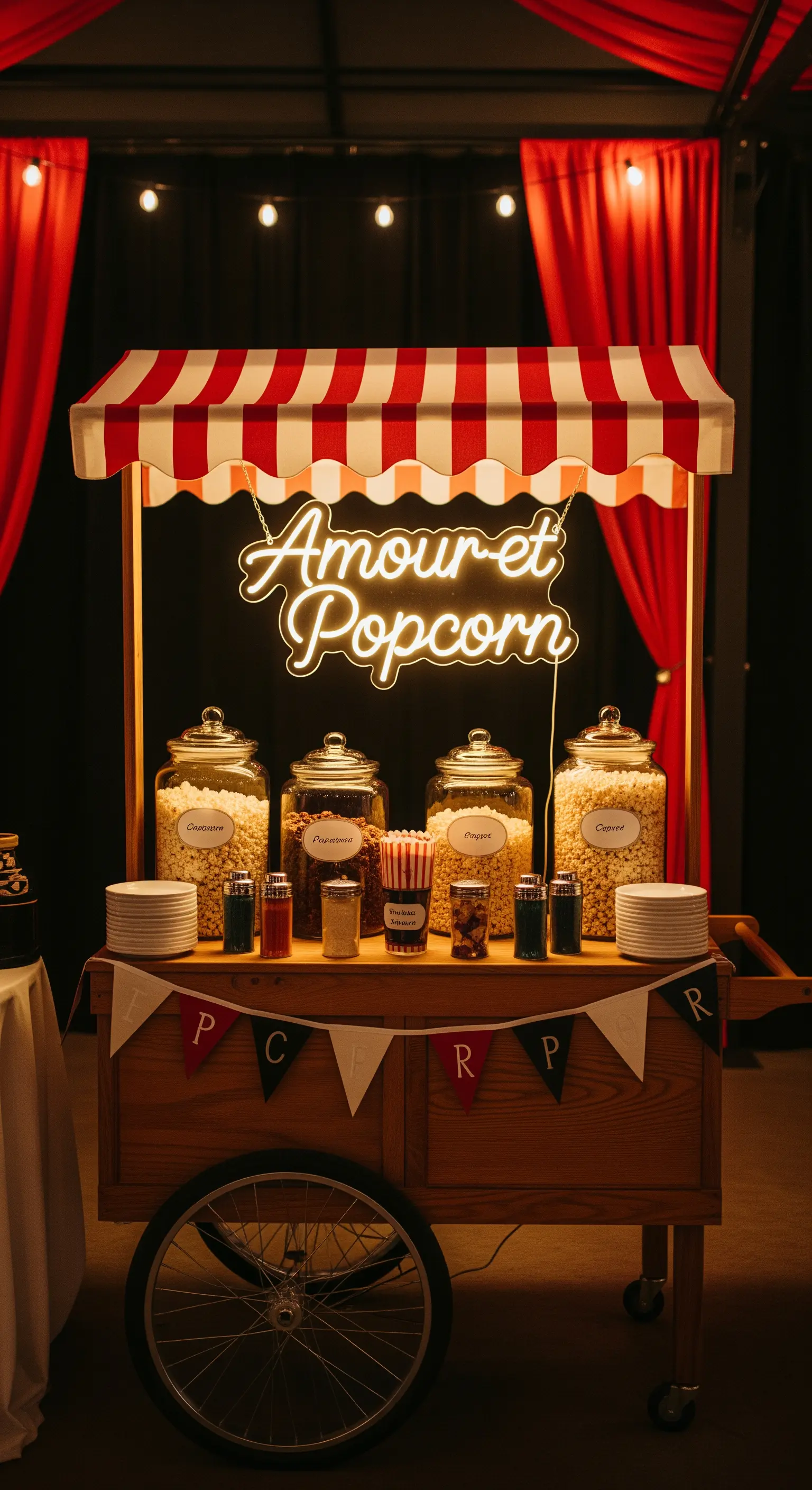 Carretto dei popcorn vintage con insegna al neon e barattoli di vetro pieni di snack