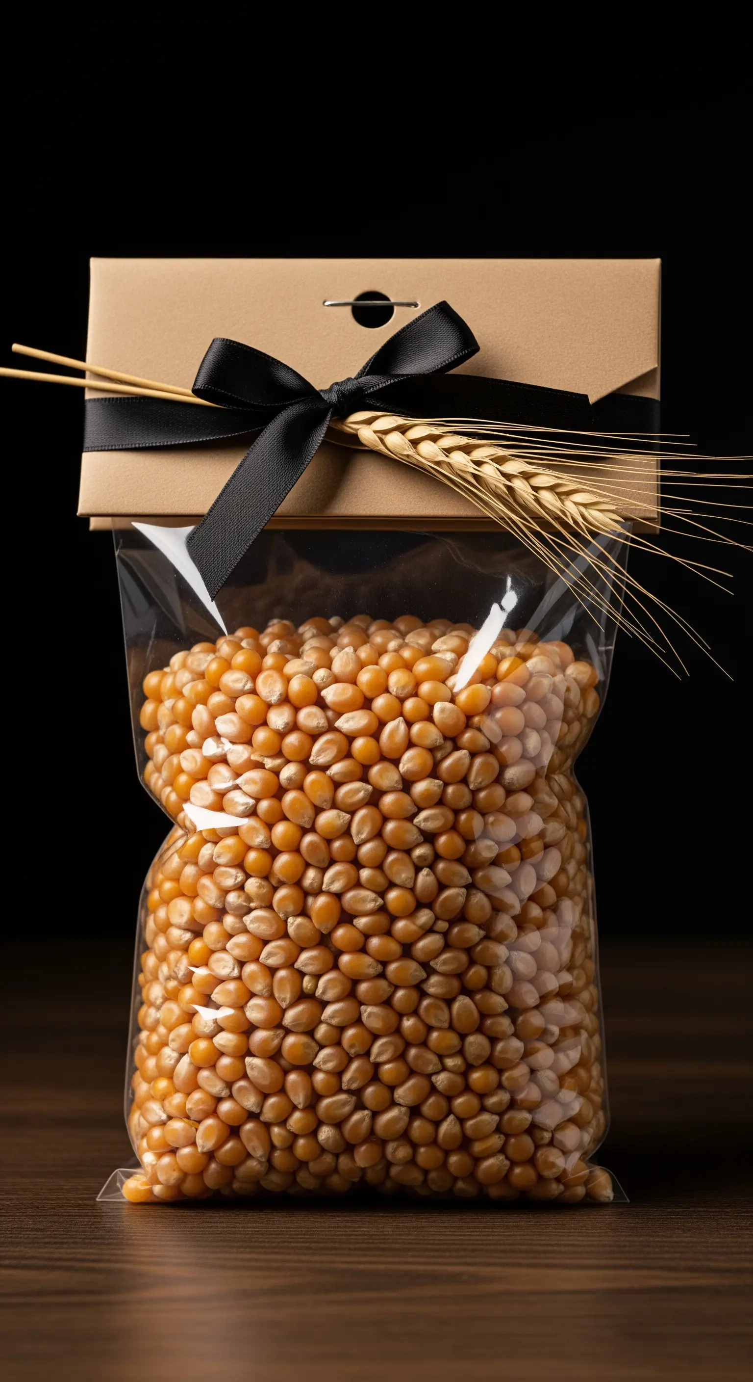 Sacchetto di chicchi di mais per popcorn con chiusura in carta kraft e un nastro nero.