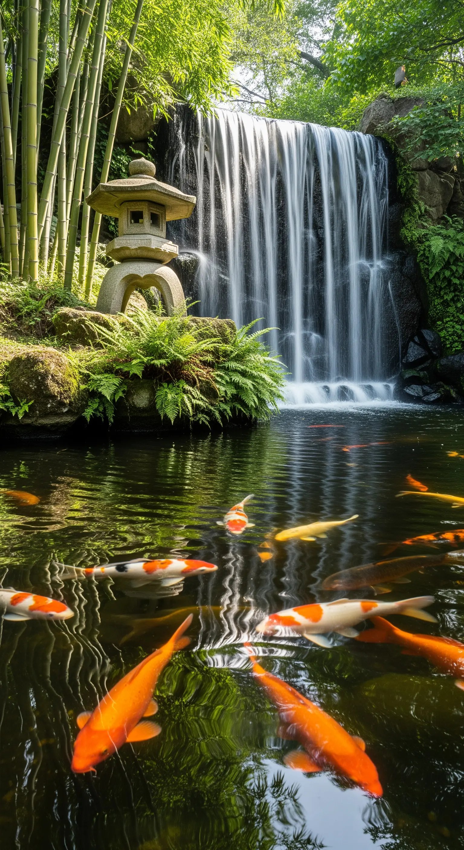 Laghetto con grande cascata, bambù e numerose carpe koi colorate.