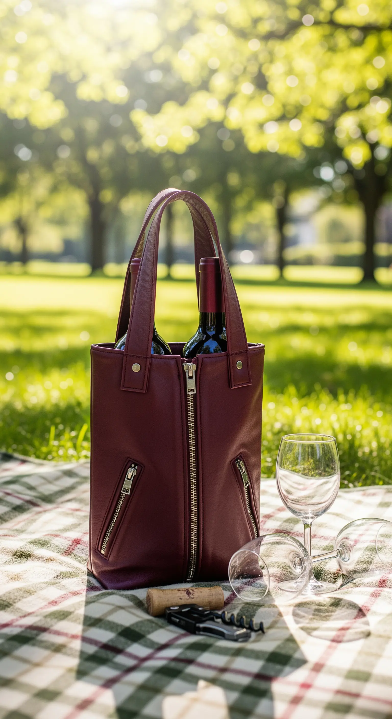 Borsa portabottiglie in pelle bordeaux con cerniere, su una coperta da picnic.