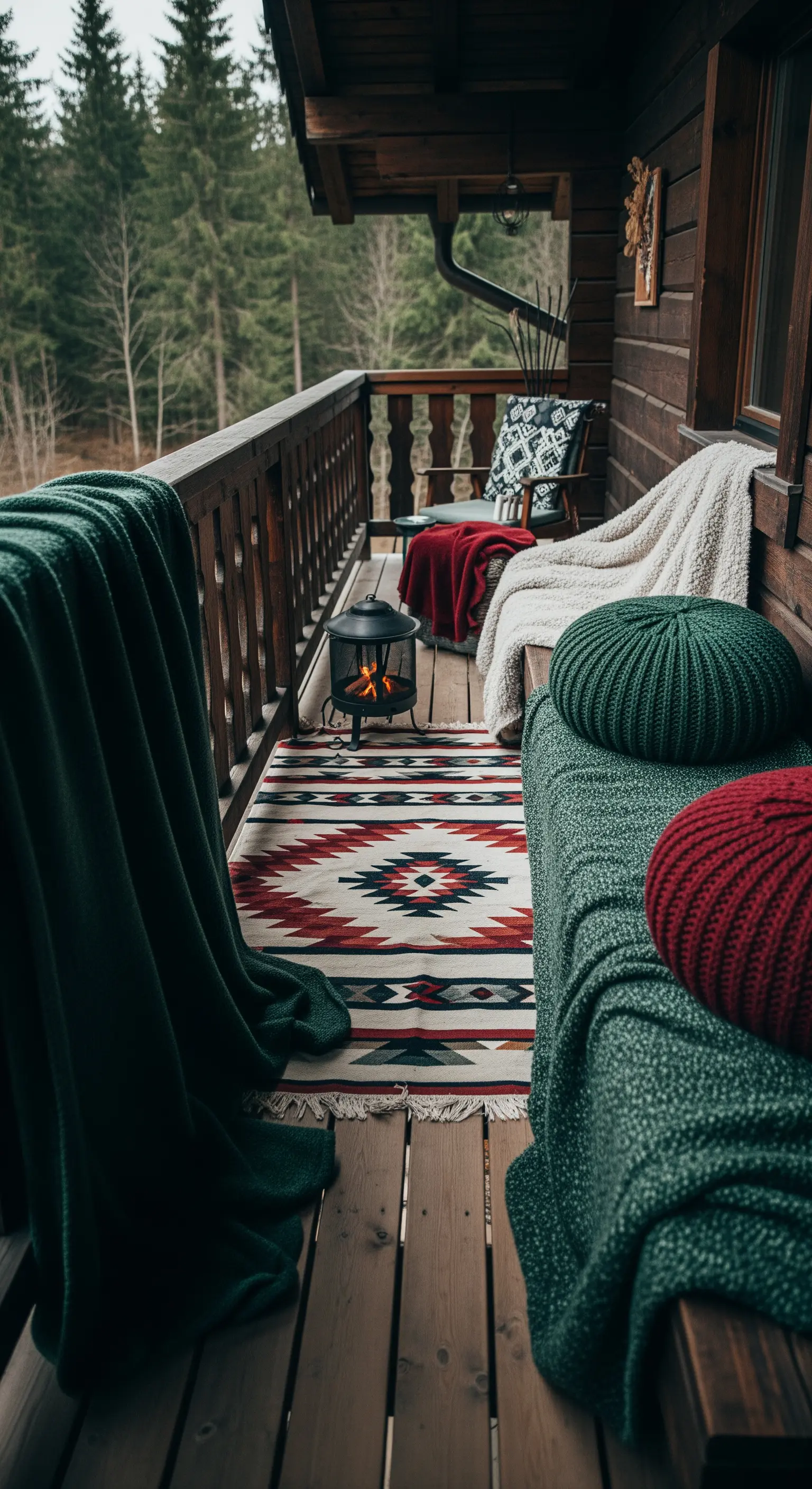 Balcone di una baita in legno con coperte calde, cuscini colorati e un tappeto kilim.
