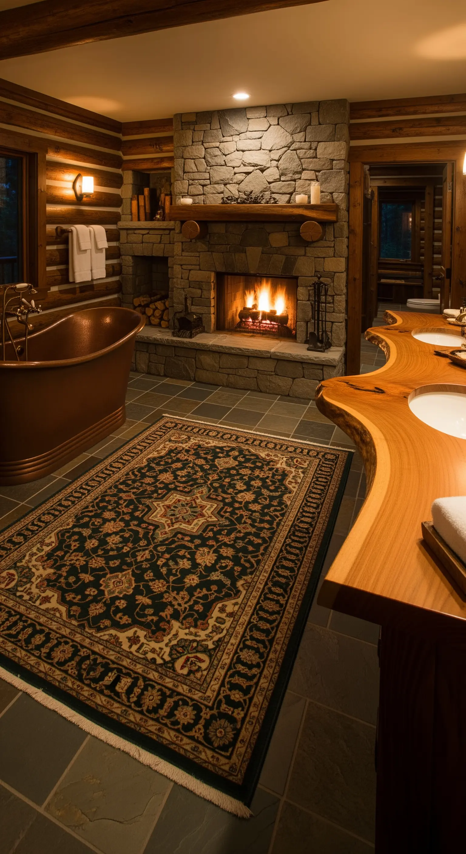 Bagno rustico di lusso con camino in pietra, vasca in rame e grande tappeto.