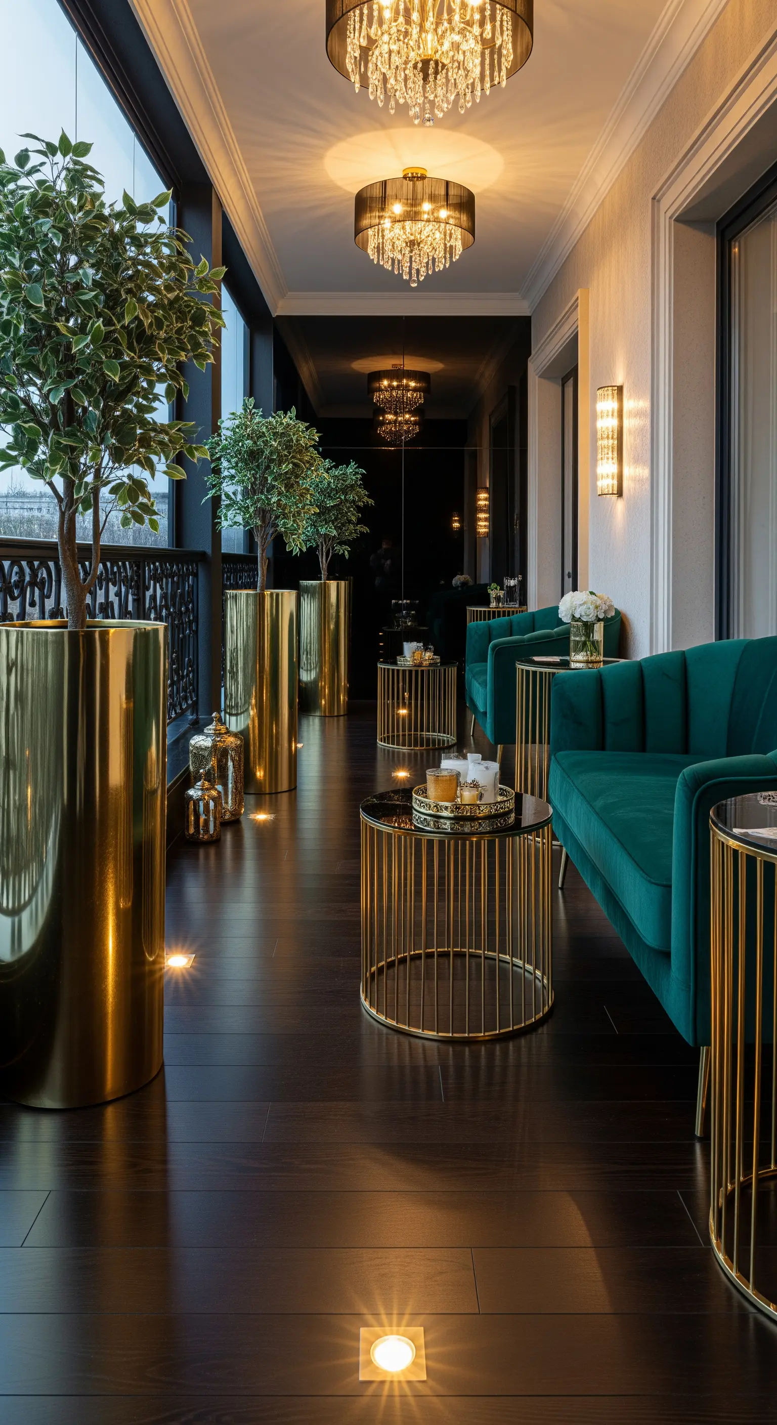 Balcone elegante con divani in velluto verde, dettagli dorati e lampadari in cristallo