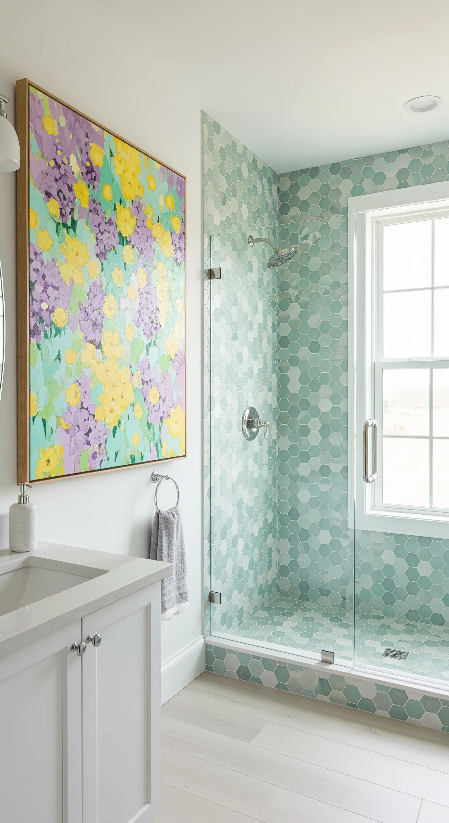 Bagno luminoso con piastrelle esagonali verde acqua e un quadro astratto floreale lilla e giallo.