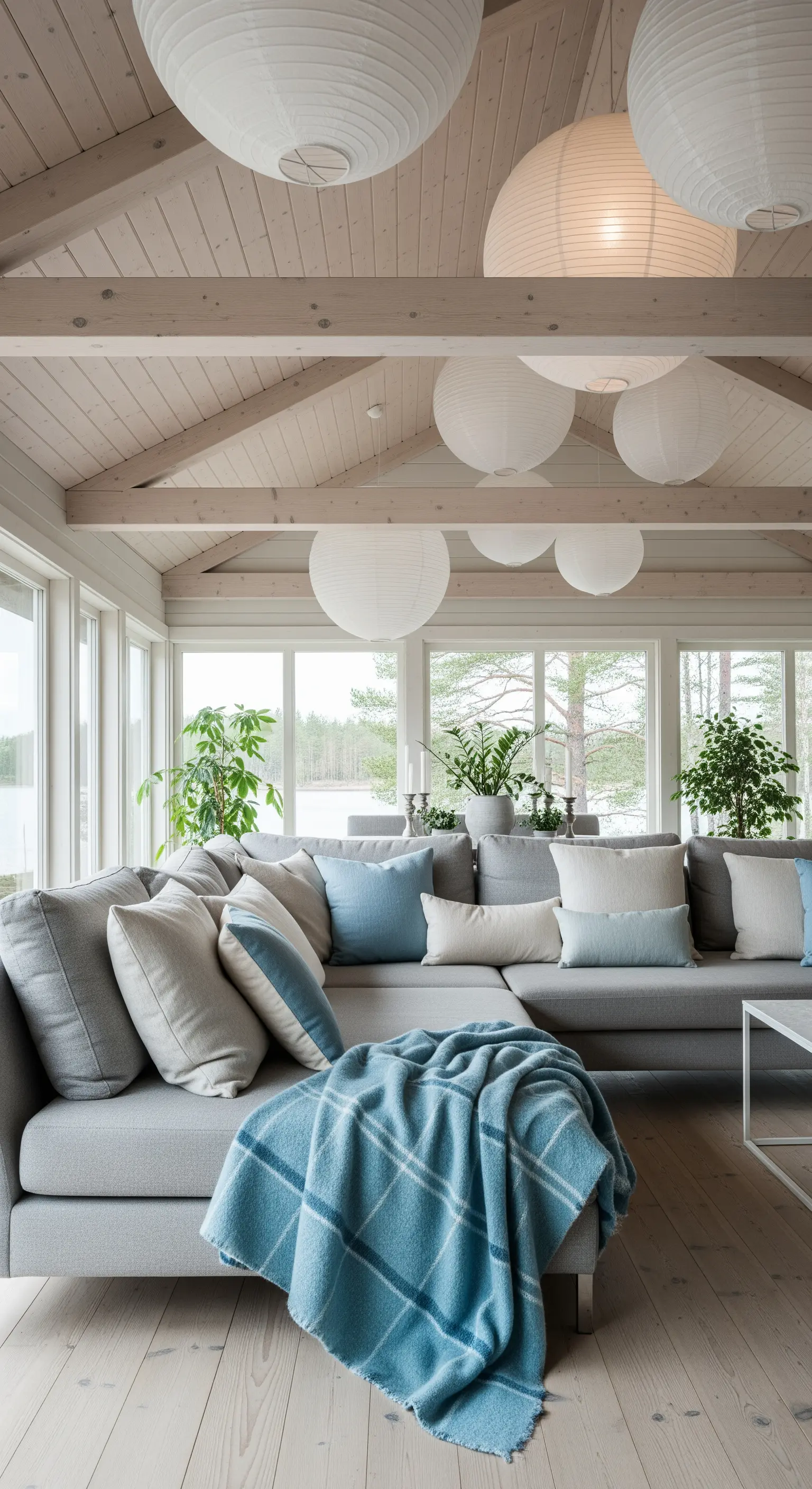 Soggiorno con soffitto alto e travi in legno, illuminato da un gruppo di lanterne di carta bianche