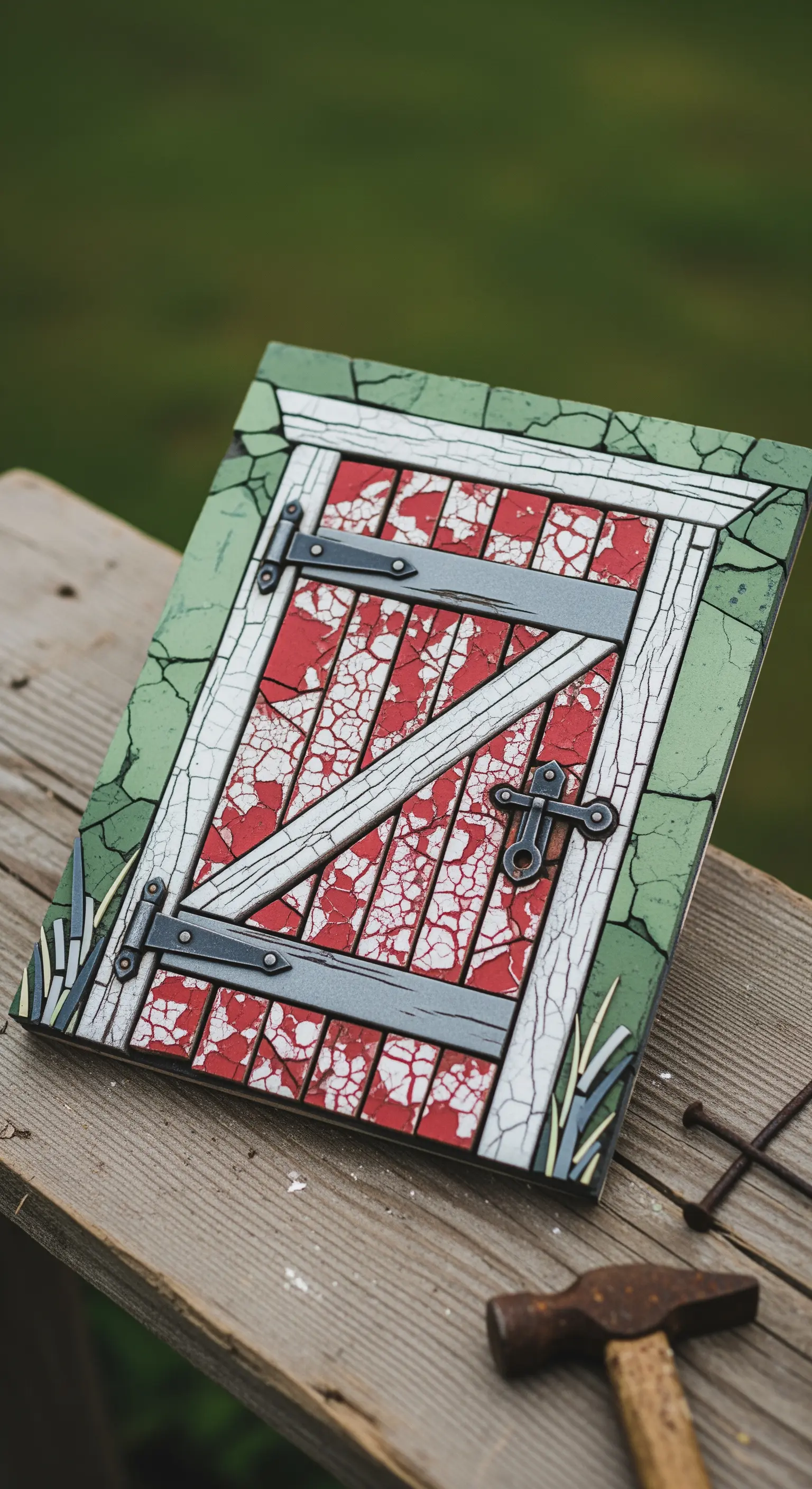Mosaico raffigurante una vecchia porta da fienile rossa, con un realistico effetto vernice scrostata.