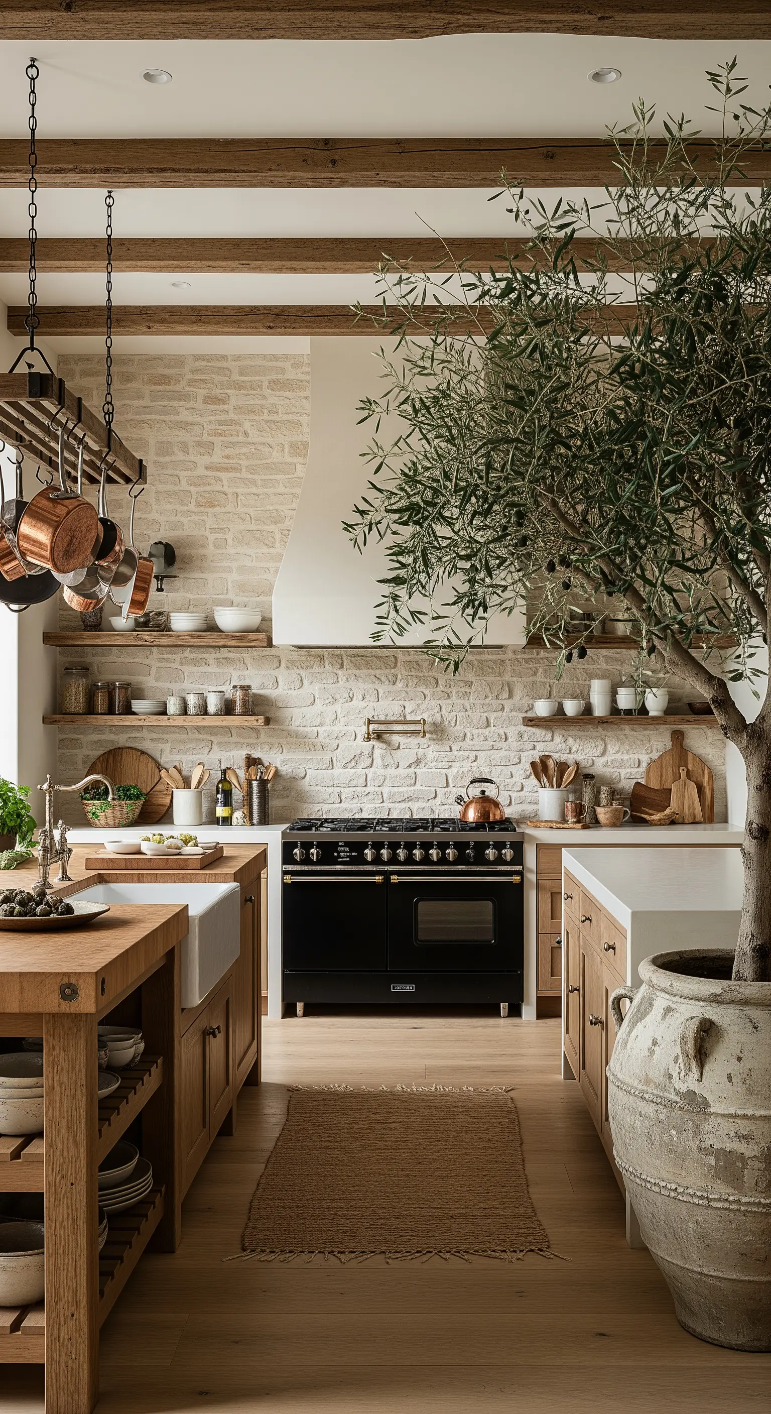 Cucina rustica con pareti in pietra e un grande ulivo in un vaso di terracotta.