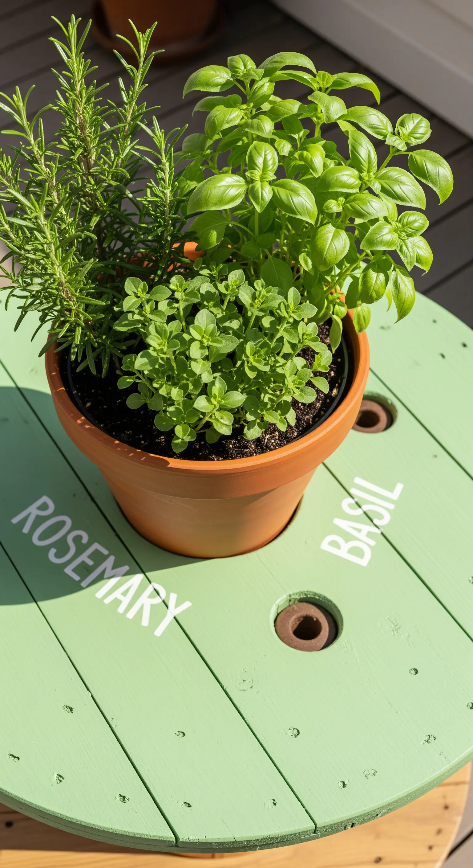 Piano di un tavolino verde menta con un vaso di erbe aromatiche e le scritte 'Rosemary' e 'Basil'.