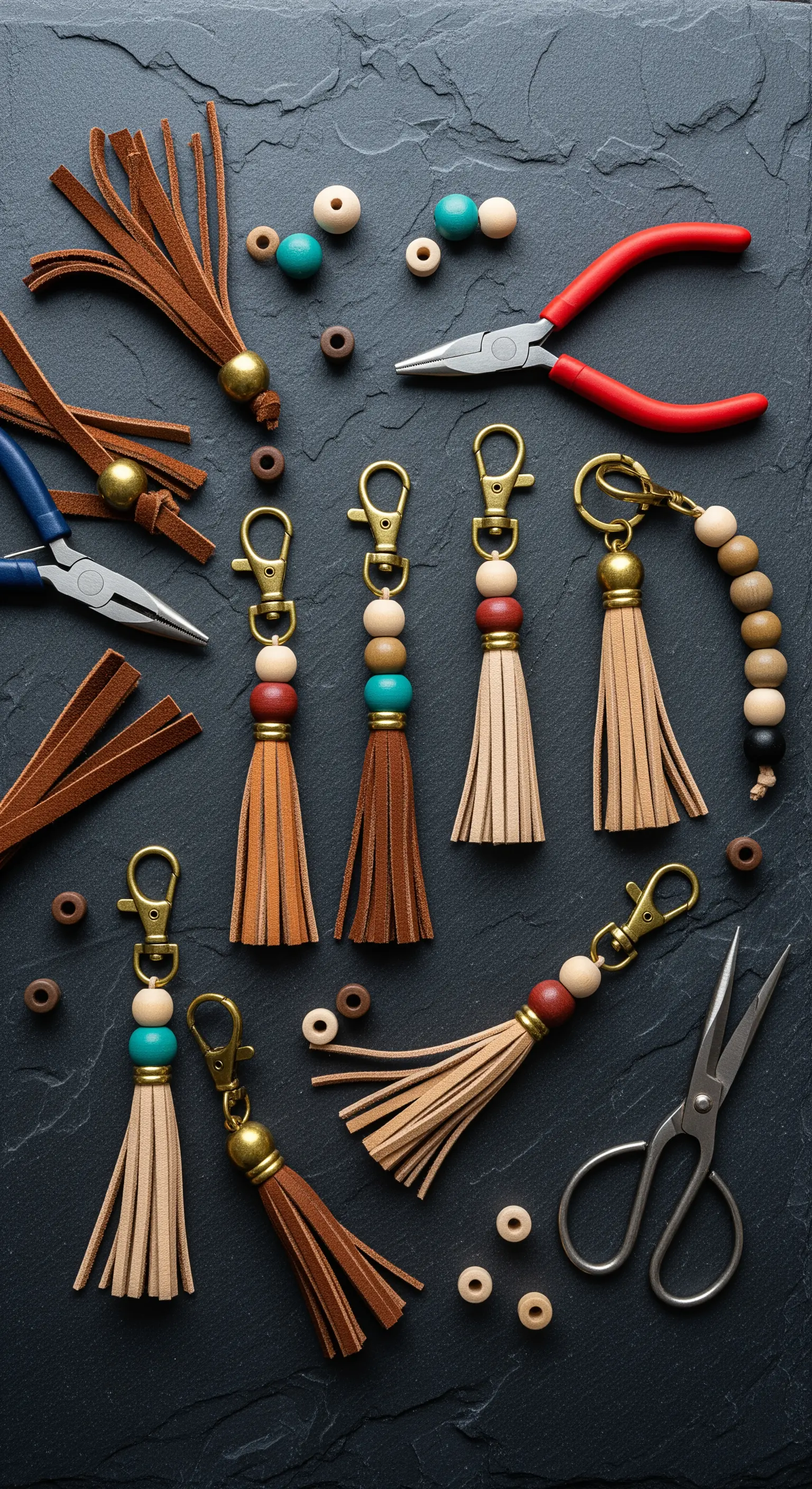 Creazione di portachiavi artigianali con perline di legno colorate, nappe in pelle e pinze.