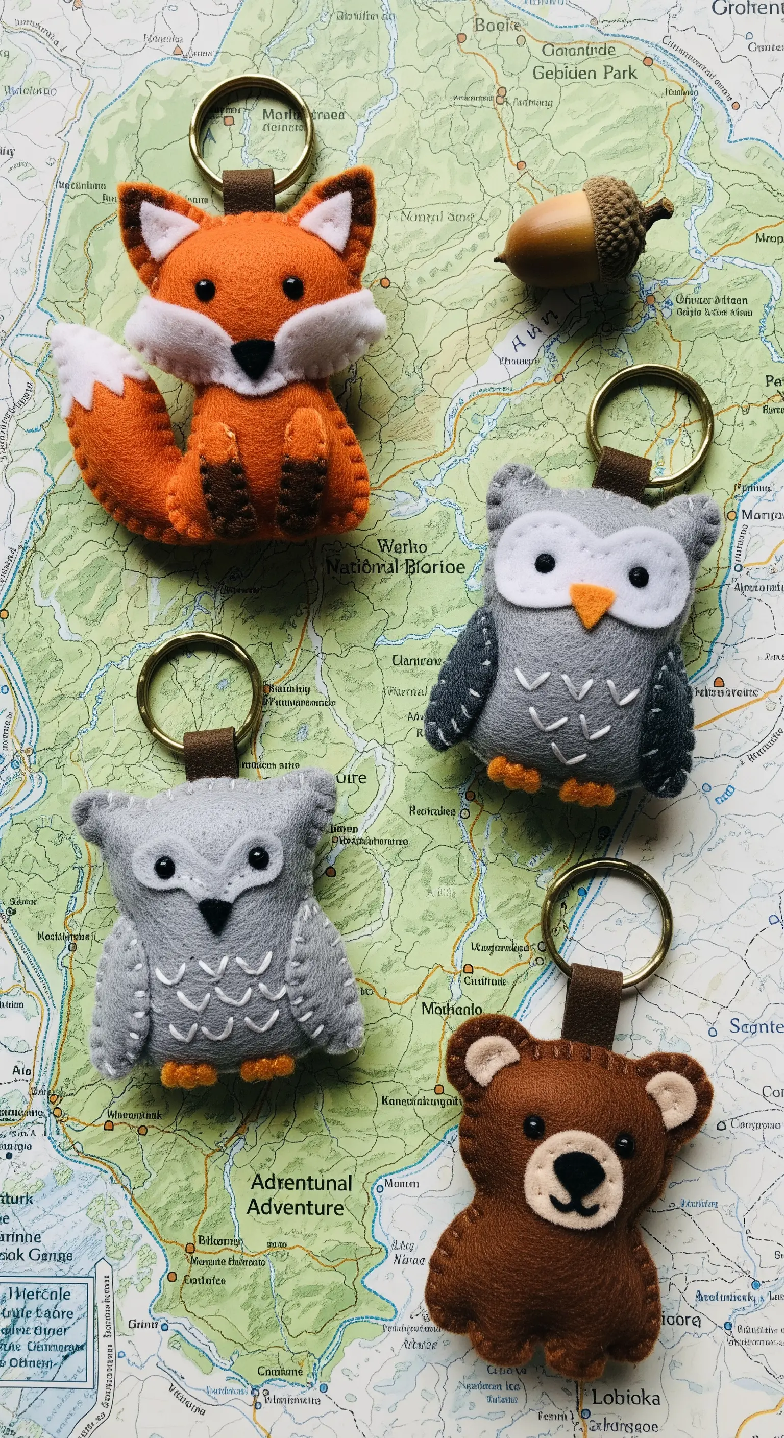 Portachiavi in feltro fatti a mano a forma di volpe, gufo e orso su una mappa.
