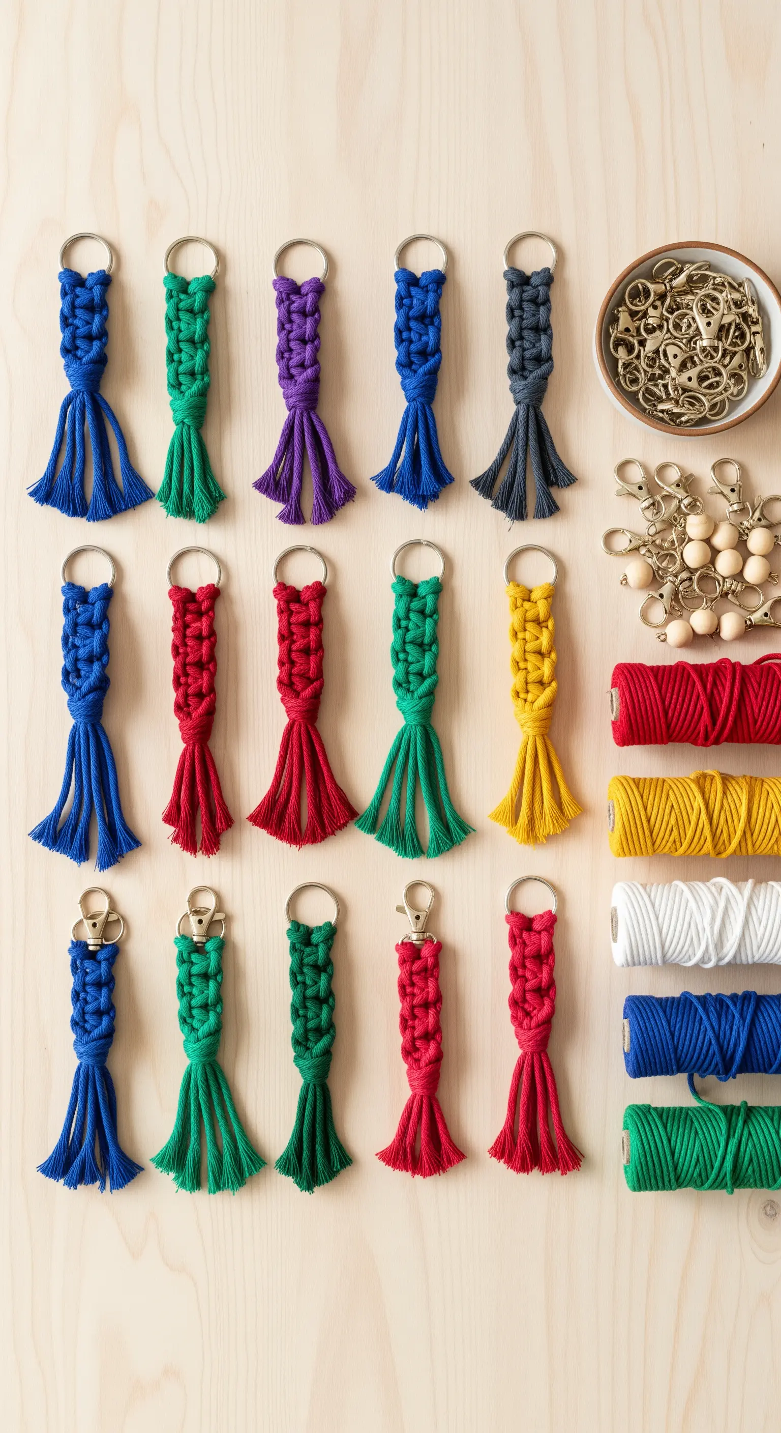 Una collezione di portachiavi in macramè di vari colori e design, disposti su un tavolo di legno.