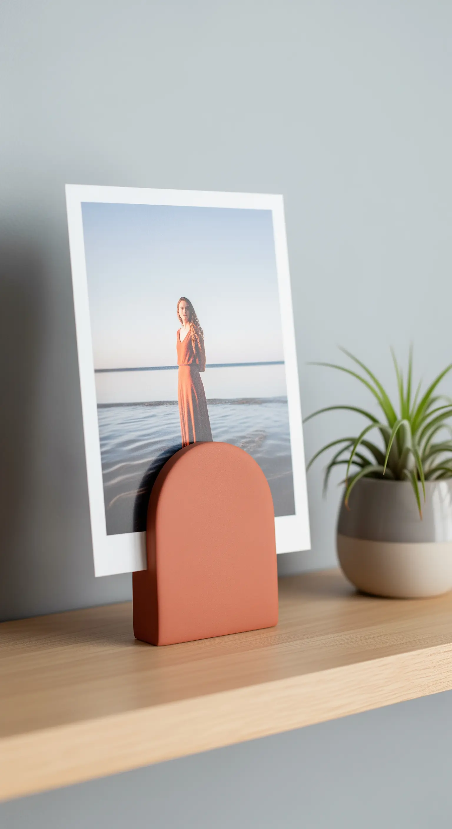 Portafoto moderno in terracotta a forma di arco che sorregge una stampa fotografica su una mensola.