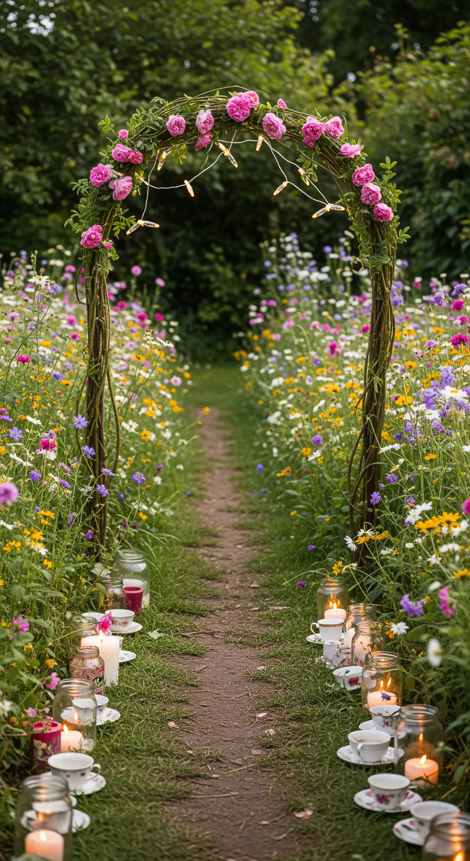 Arco fatto di rami intrecciati e fiori selvatici in un prato fiorito, con candele in tazze.