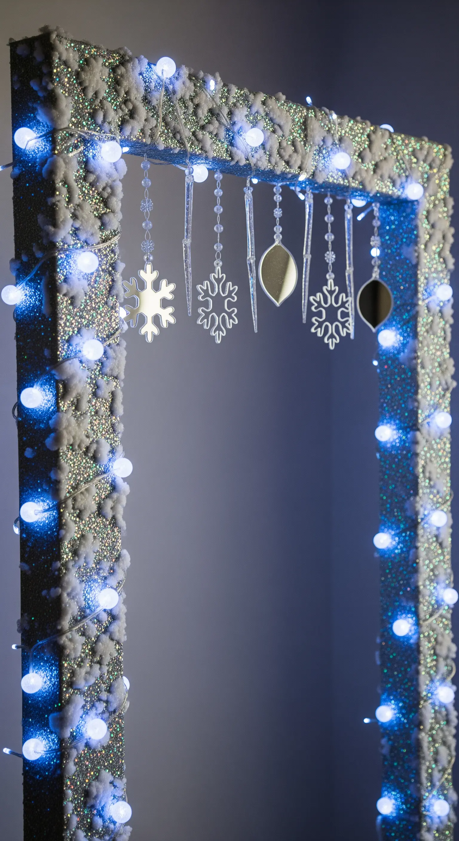 Cornice per photobooth ricoperta di neve finta, glitter e luci LED fredde con fiocchi di neve.
