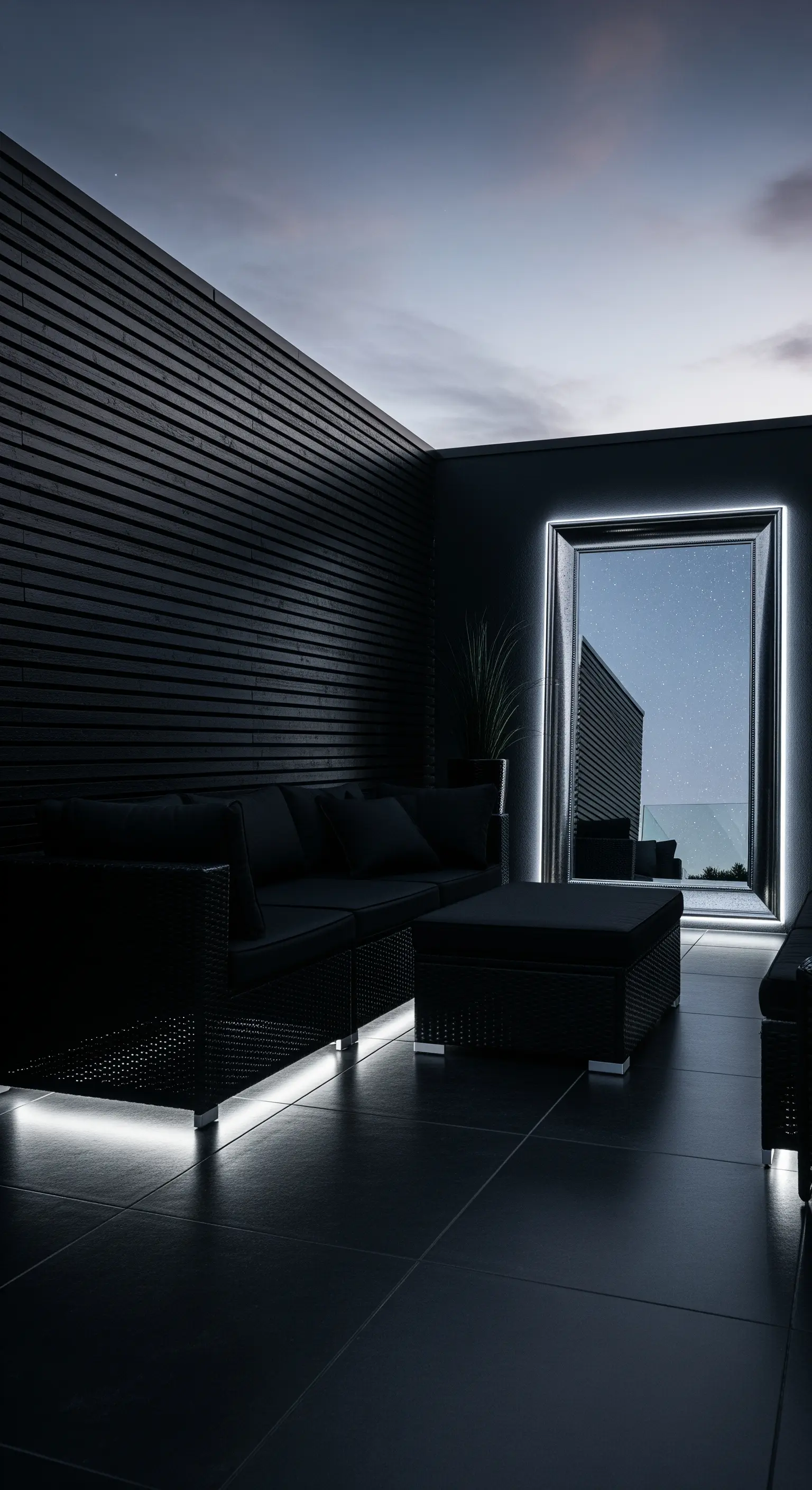 Balcone total black con un grande specchio a figura intera incorniciato da luce LED bianca.