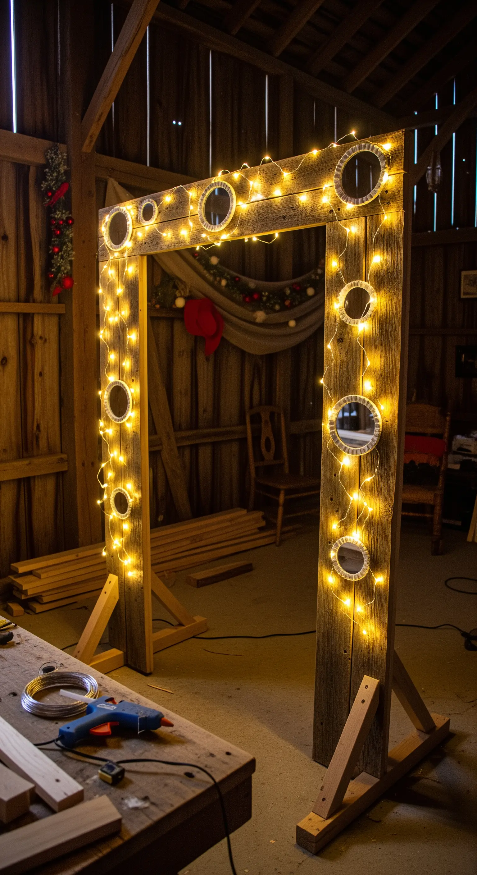 Cornice photobooth in legno rustico con lucine LED calde e specchi rotondi incastonati.