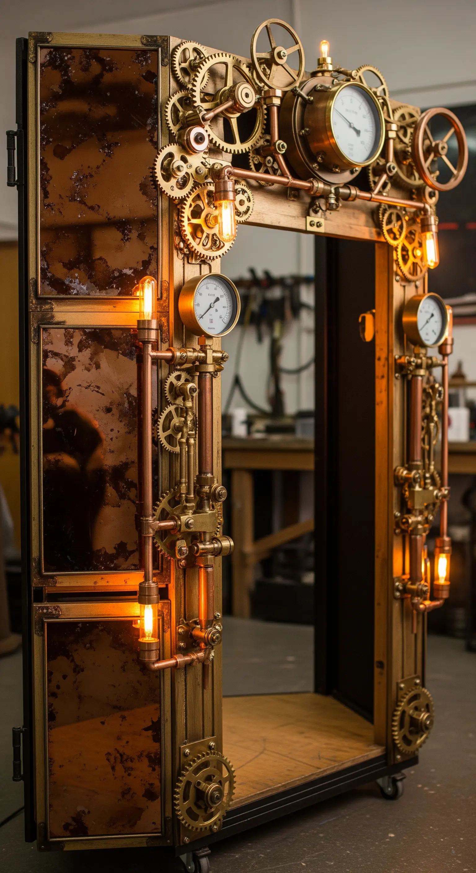 Cornice per photobooth in stile steampunk con ingranaggi, manometri e lampadine calde.