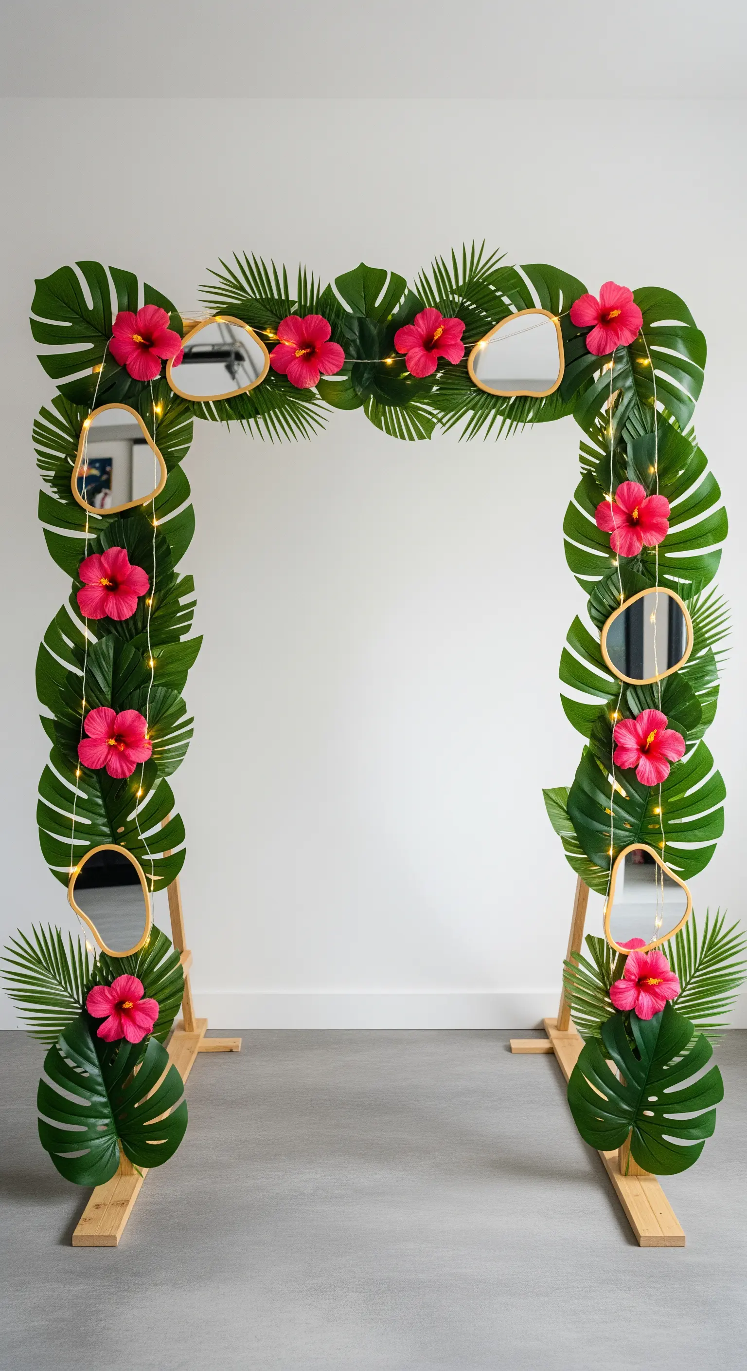 Arco per photobooth decorato con foglie di monstera, fiori di ibisco e specchi organici.