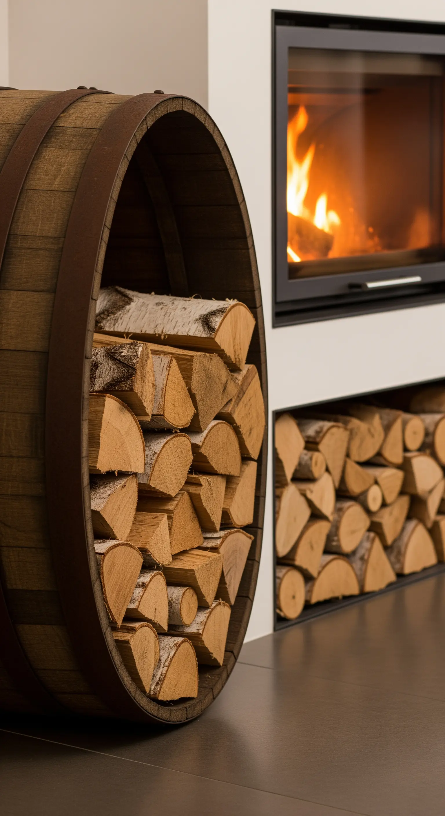 Botte di vino tagliata a metà e usata come portalegna accanto a un camino moderno.