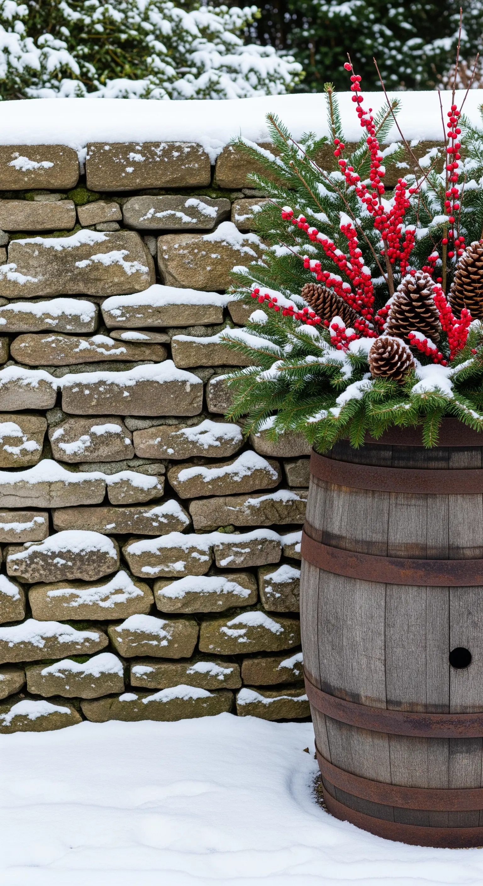 Composizione invernale con rami di pino, pigne e bacche rosse in una botte, nella neve.