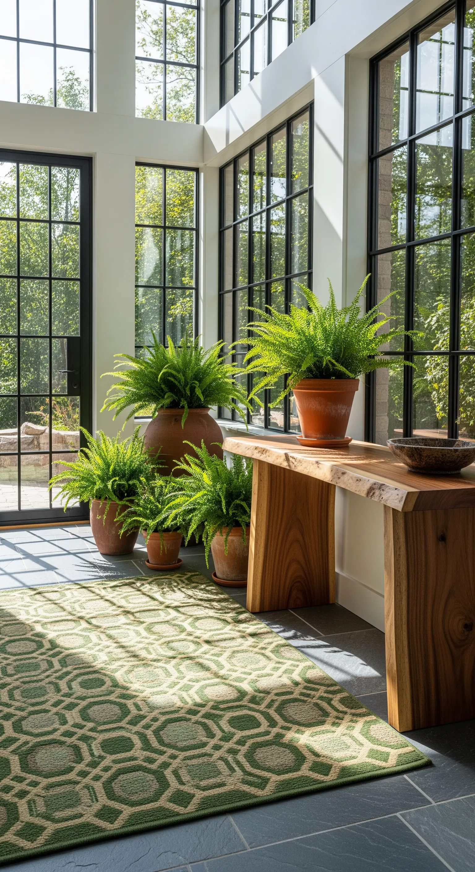 Veranda luminosa con grandi finestre nere, panca in legno e tappeto verde.