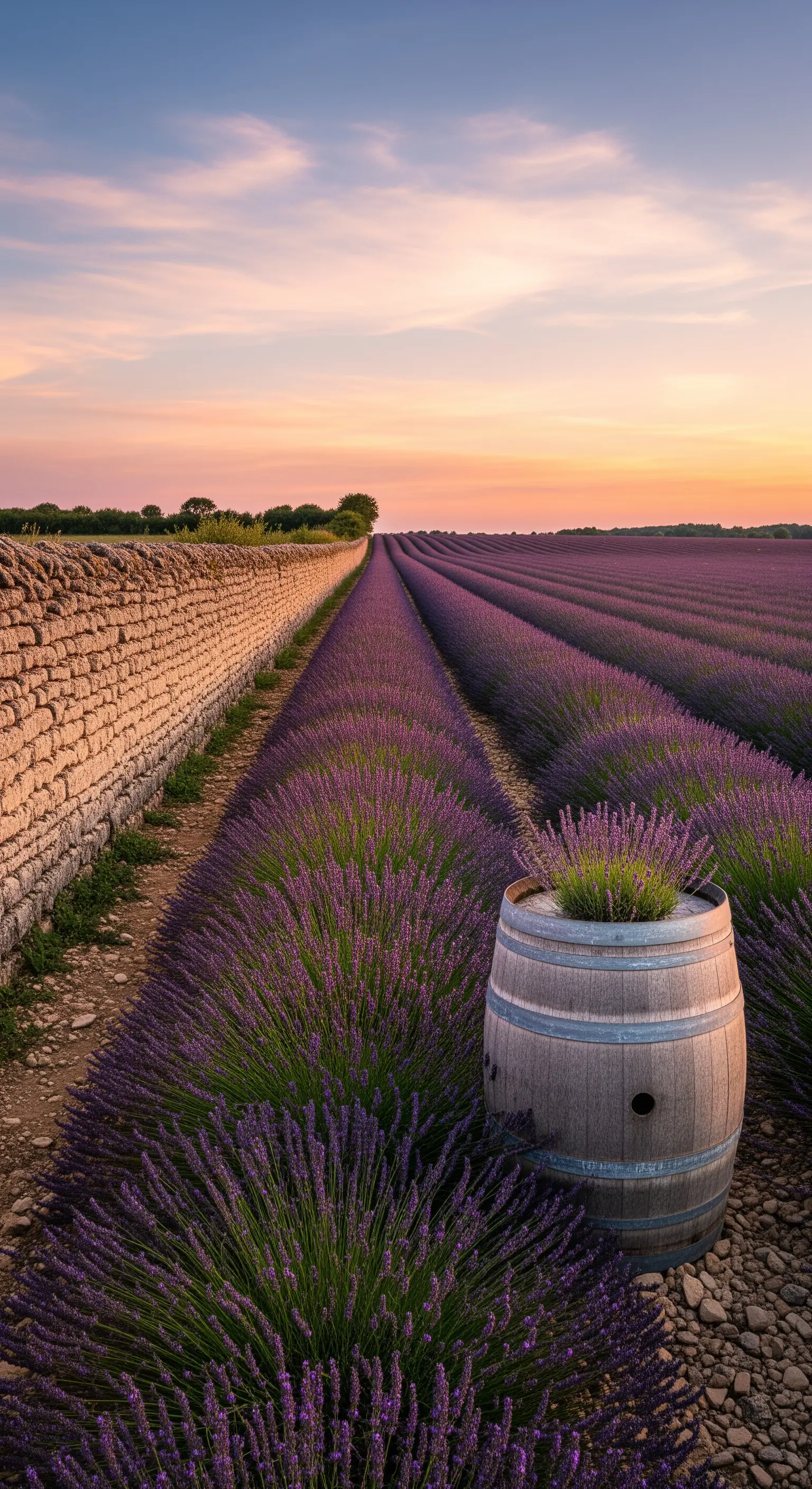Botte con un cespuglio di lavanda, posizionata in un vasto campo di lavanda al tramonto.