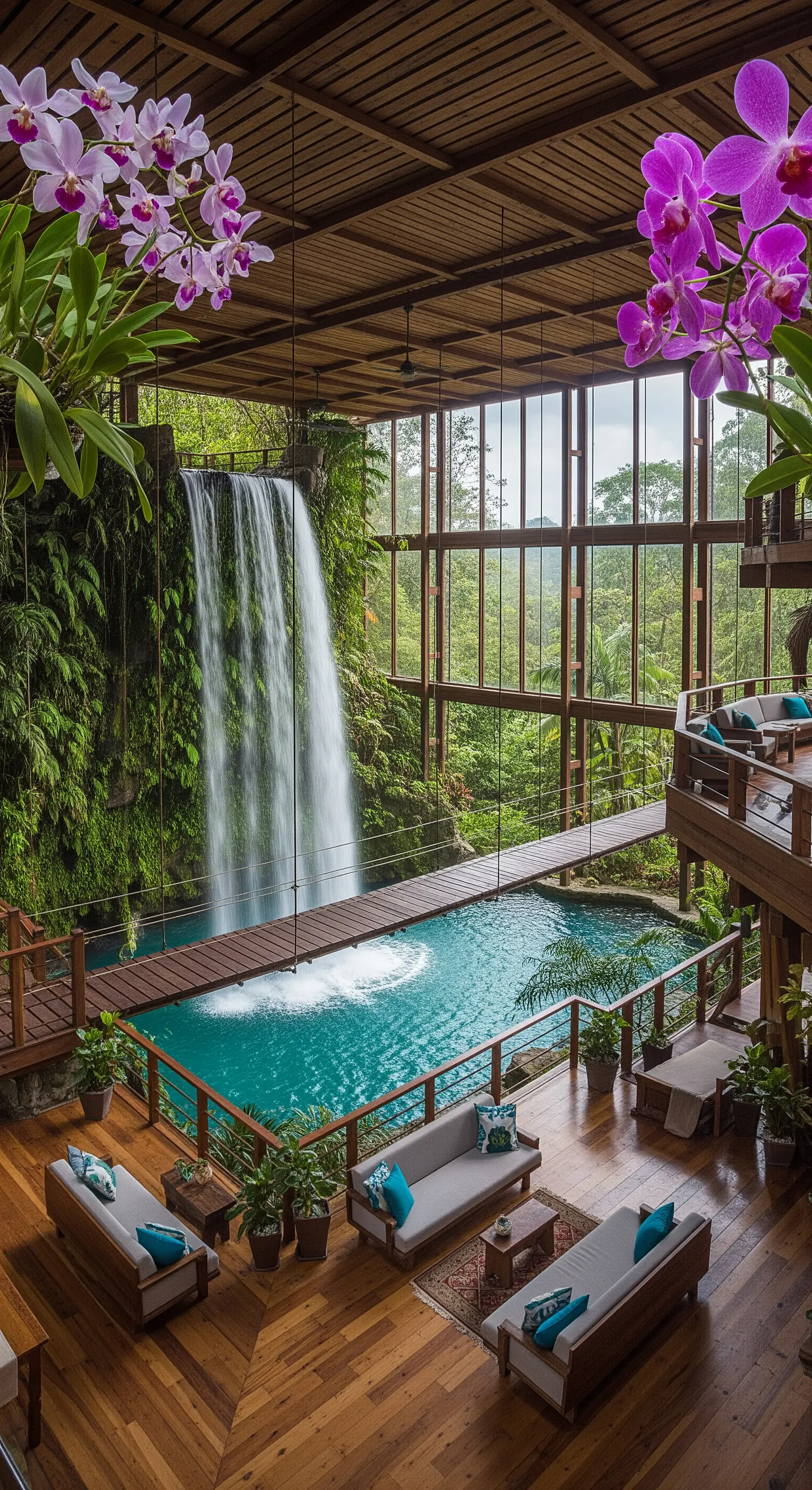 Salotto moderno con pareti di vetro, piscina interna, cascata e orchidee pendenti.