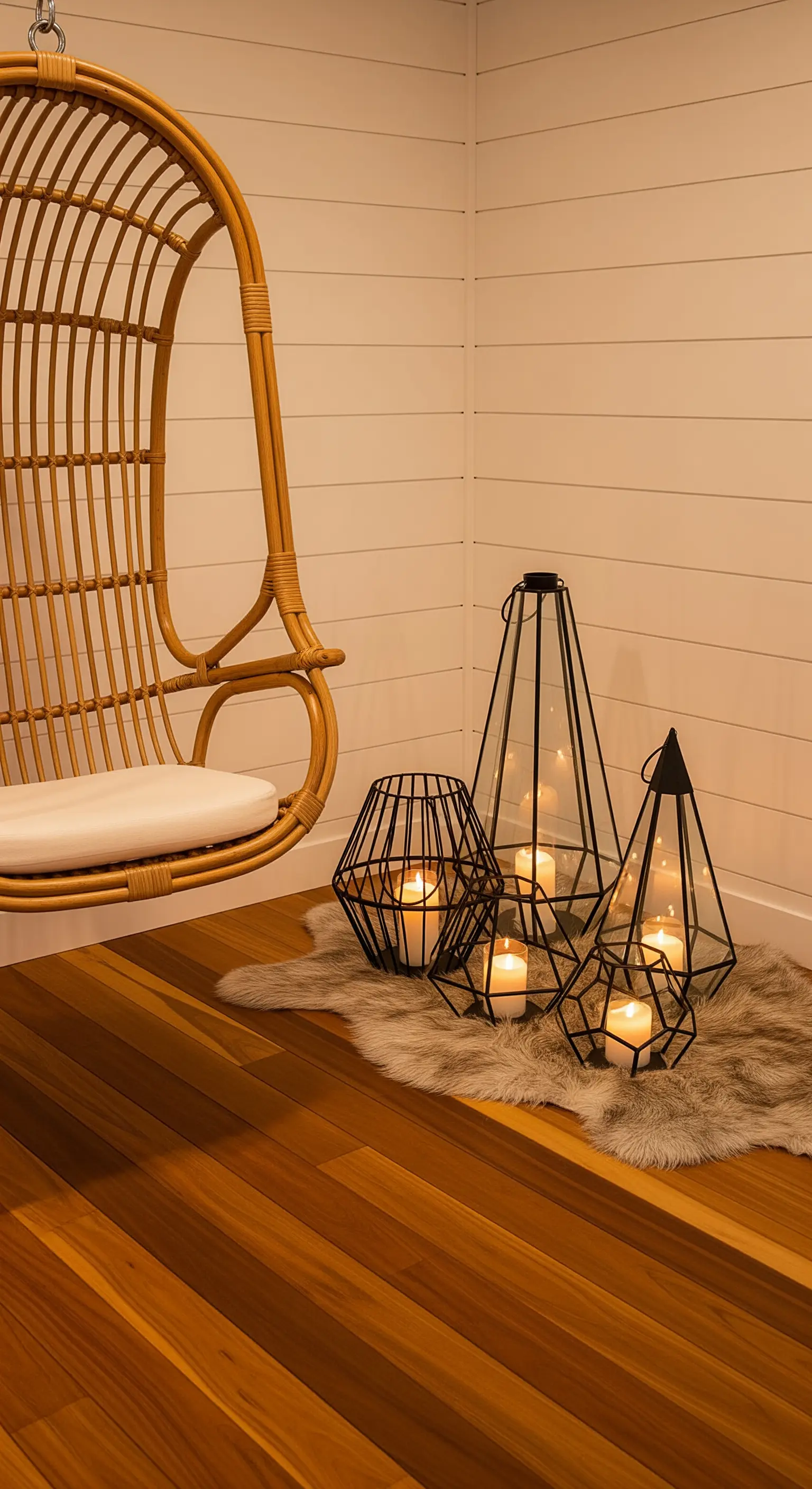 Angolo interno con poltrona sospesa in rattan, tappeto in pelliccia e lanterne geometriche.