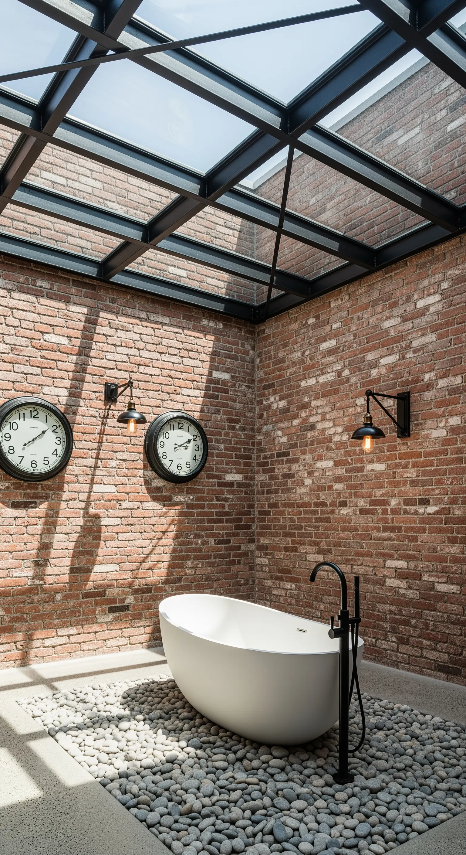 Bagno con soffitto in vetro, pareti in mattoni e vasca circondata da ciottoli.