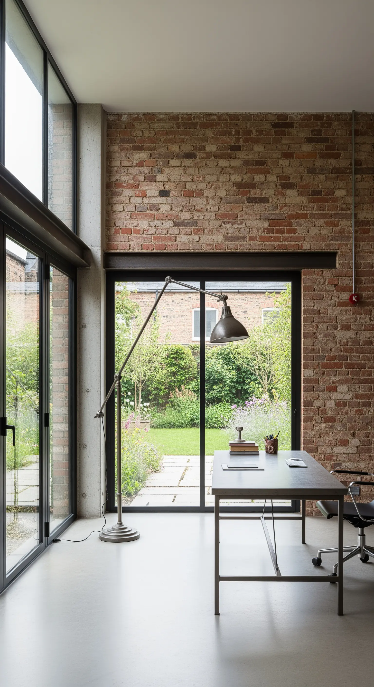 Ufficio minimale con grande vetrata sul giardino e parete in mattoni a vista.