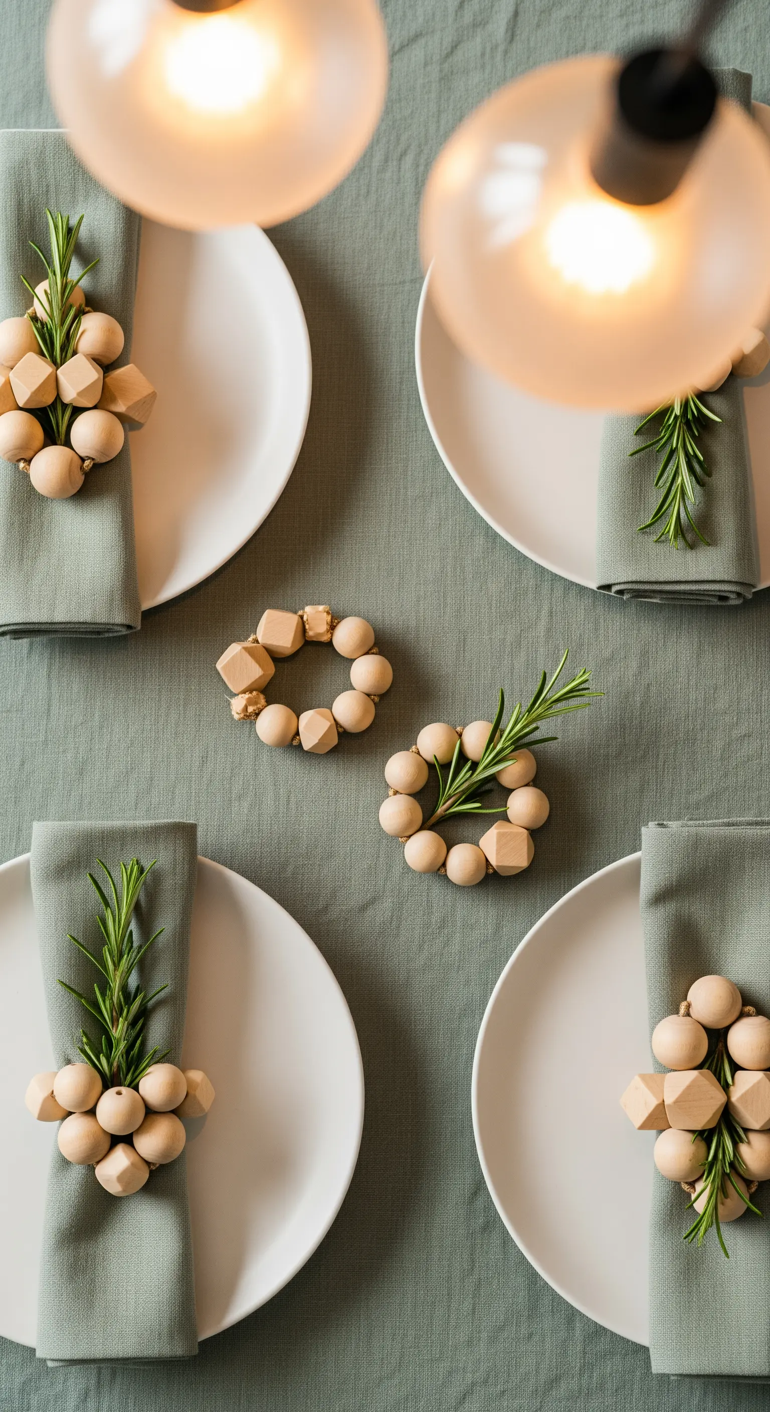 Tavola apparecchiata con portatovaglioli in perline di legno e rametti di rosmarino.