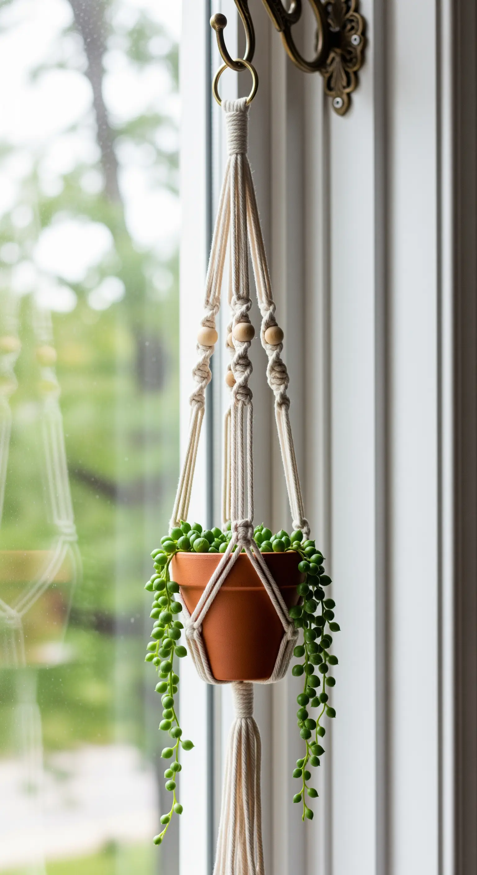 Un portavasi in macramè con perline di legno che sostiene una pianta di Senecio rowleyanus.