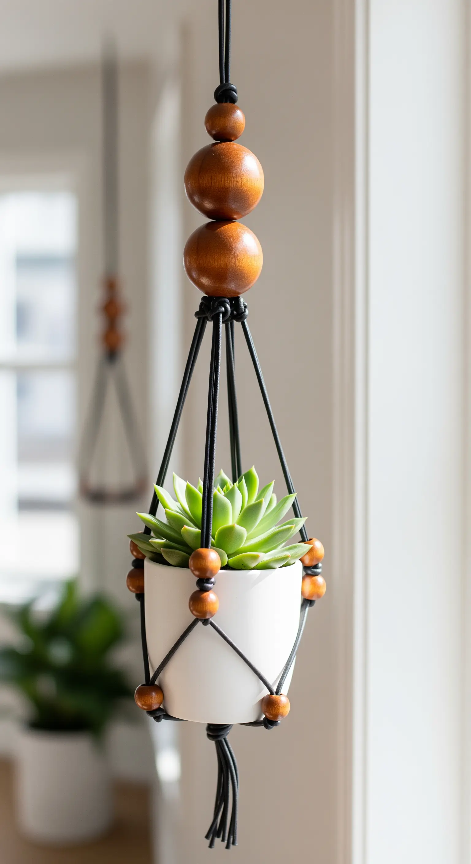 Portavaso sospeso in corda nera e perline di legno scuro con dentro una pianta grassa.