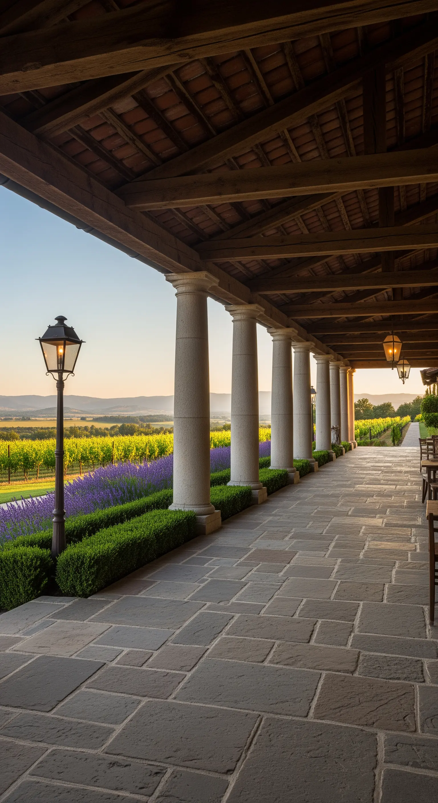 Lungo portico in pietra con vista su vigneti e campi di lavanda al tramonto.