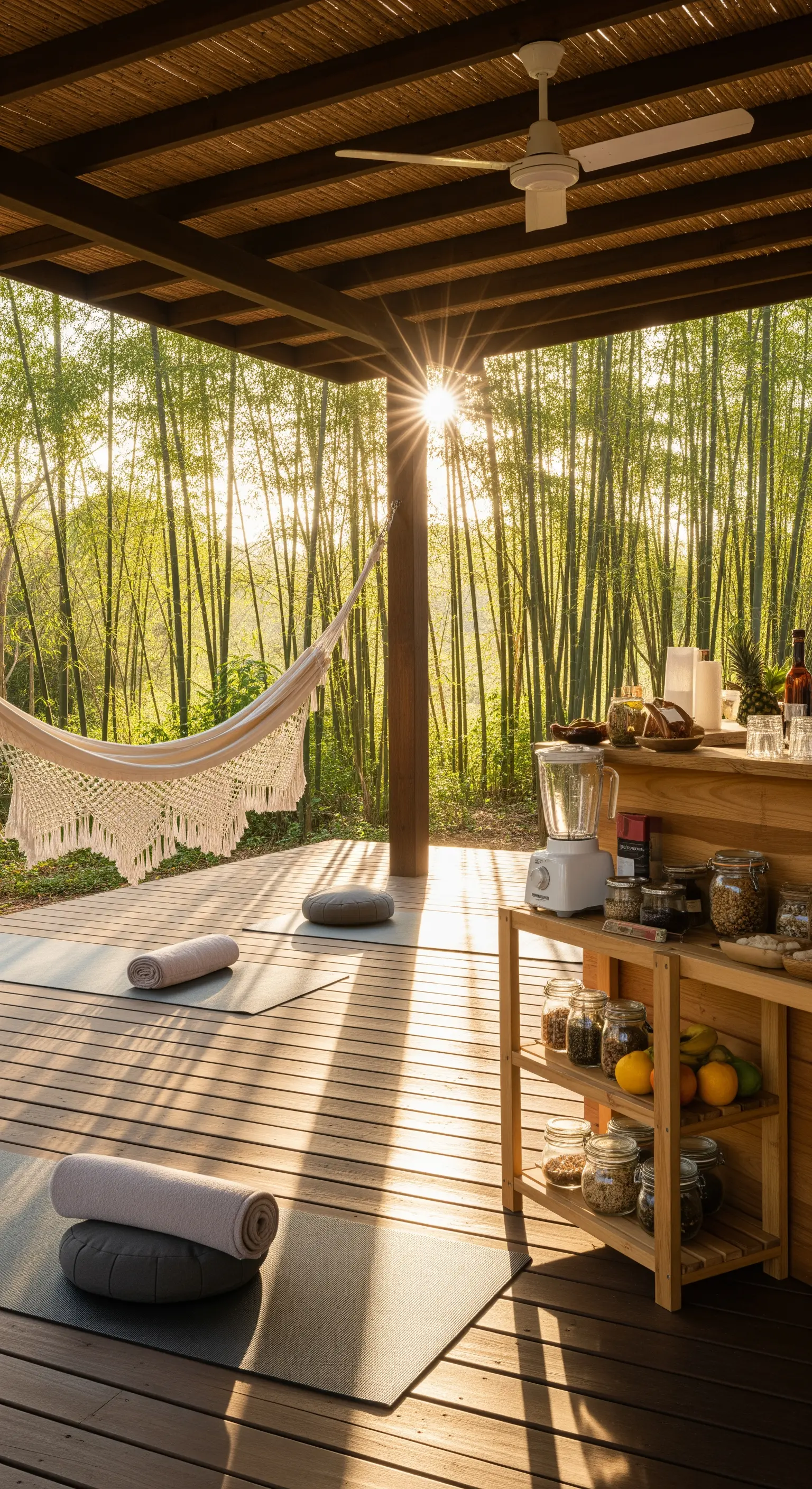 Portico in legno con tappetini da yoga, angolo per frullati e un'amaca al tramonto.