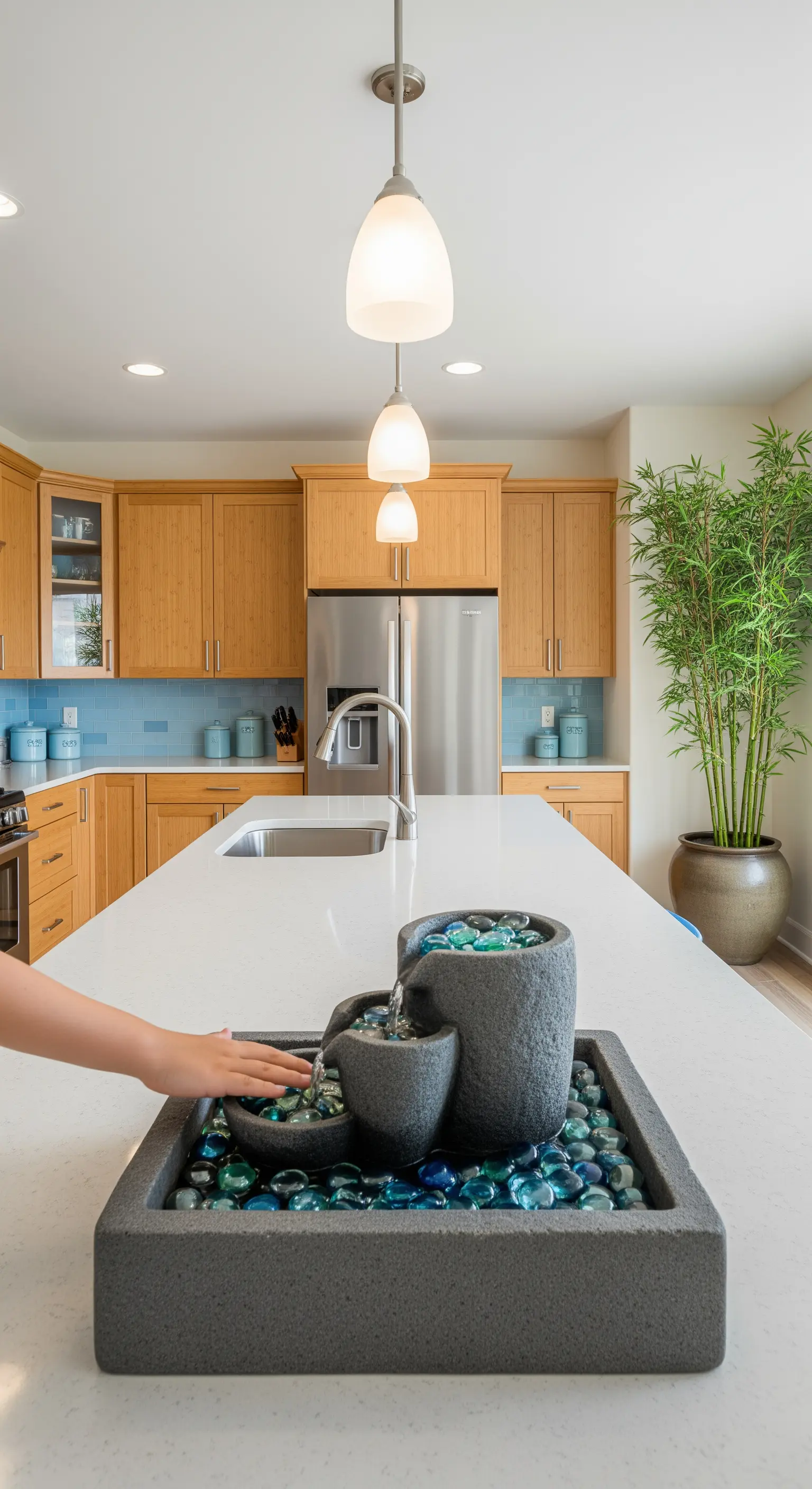 Mano di una persona che tocca una piccola fontana da tavolo su un'isola cucina bianca.