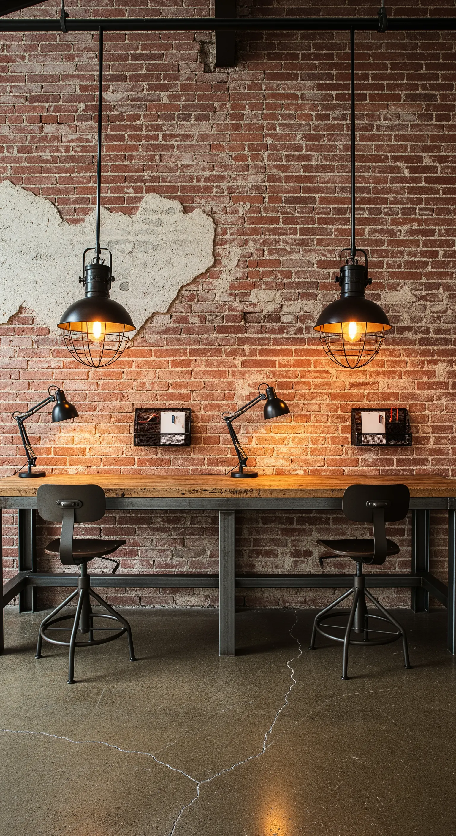 Lungo banco da lavoro in legno per due persone con lampade industriali a sospensione.