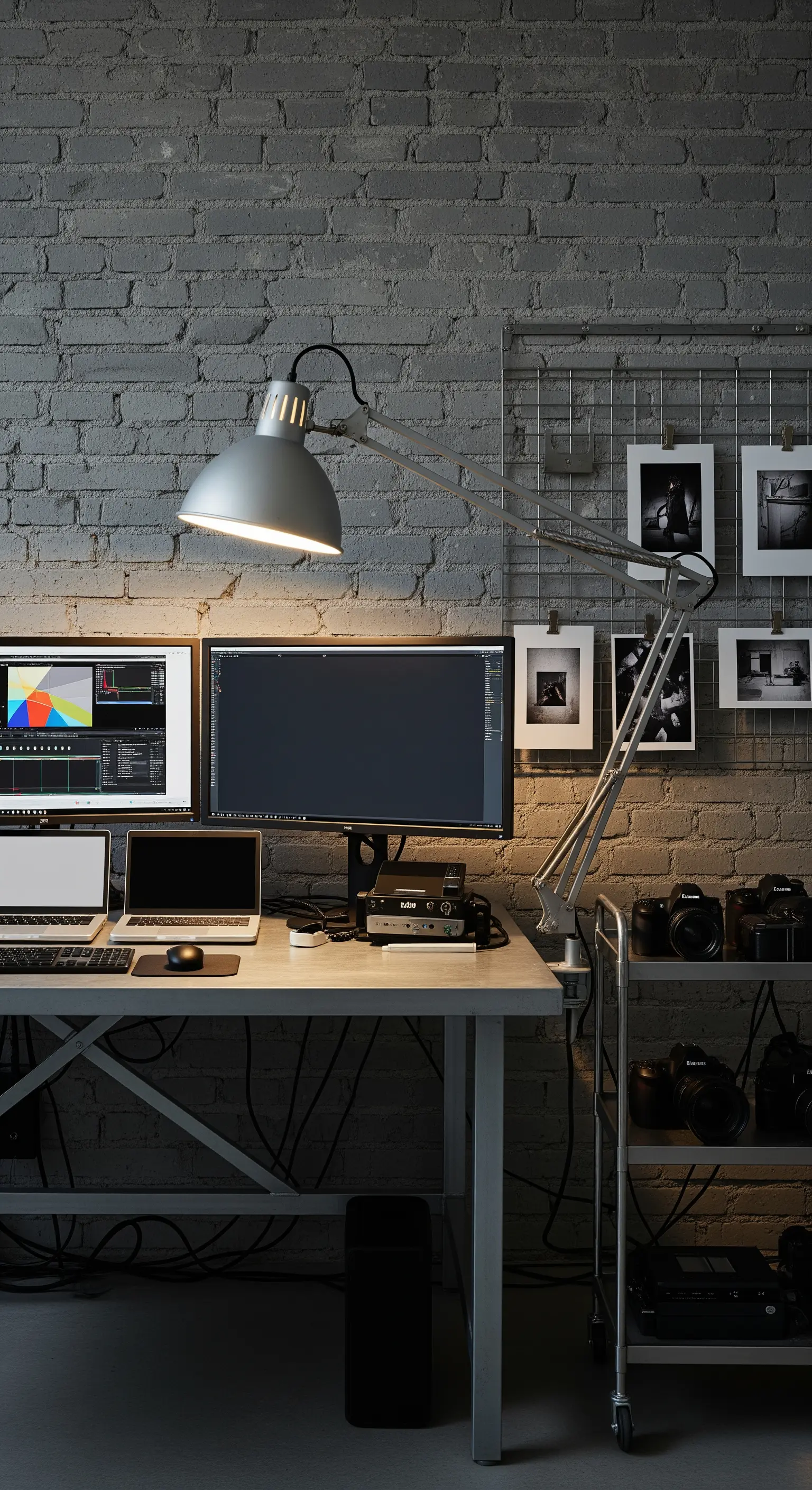 Postazione di lavoro con più monitor e attrezzatura tecnica su sfondo di mattoni grigi.