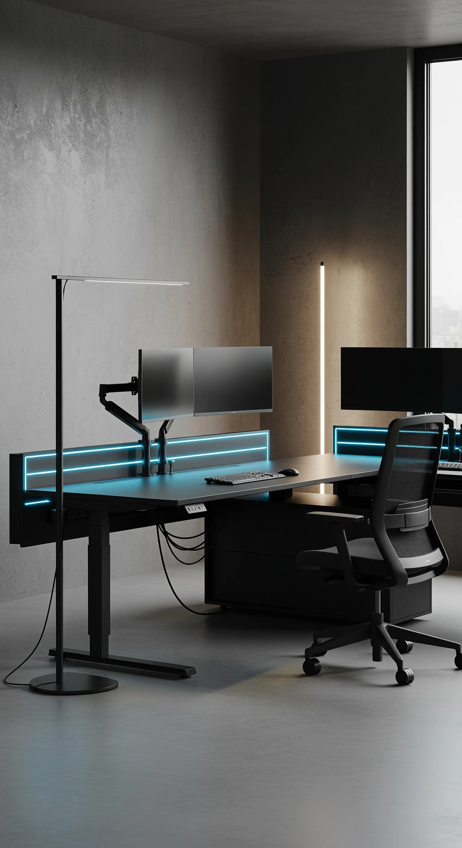 Scrivania nera con illuminazione a LED blu e doppio monitor in un ambiente high-tech.