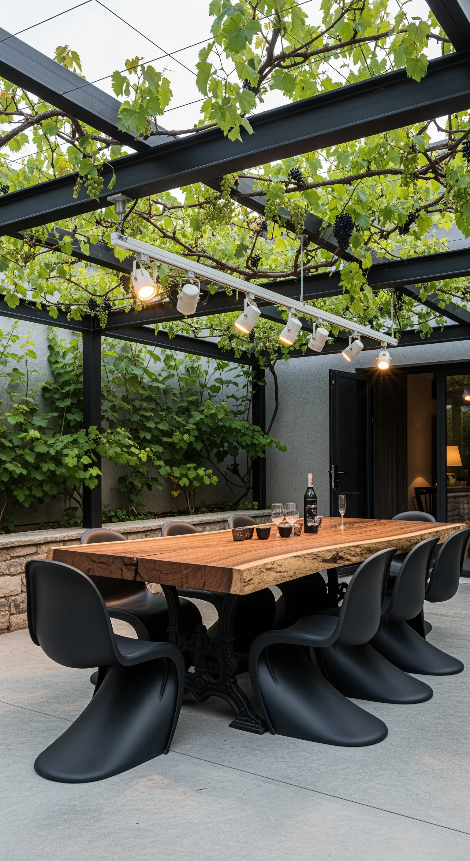 Tavolo in legno massiccio e sedie nere di design sotto un pergolato in acciaio