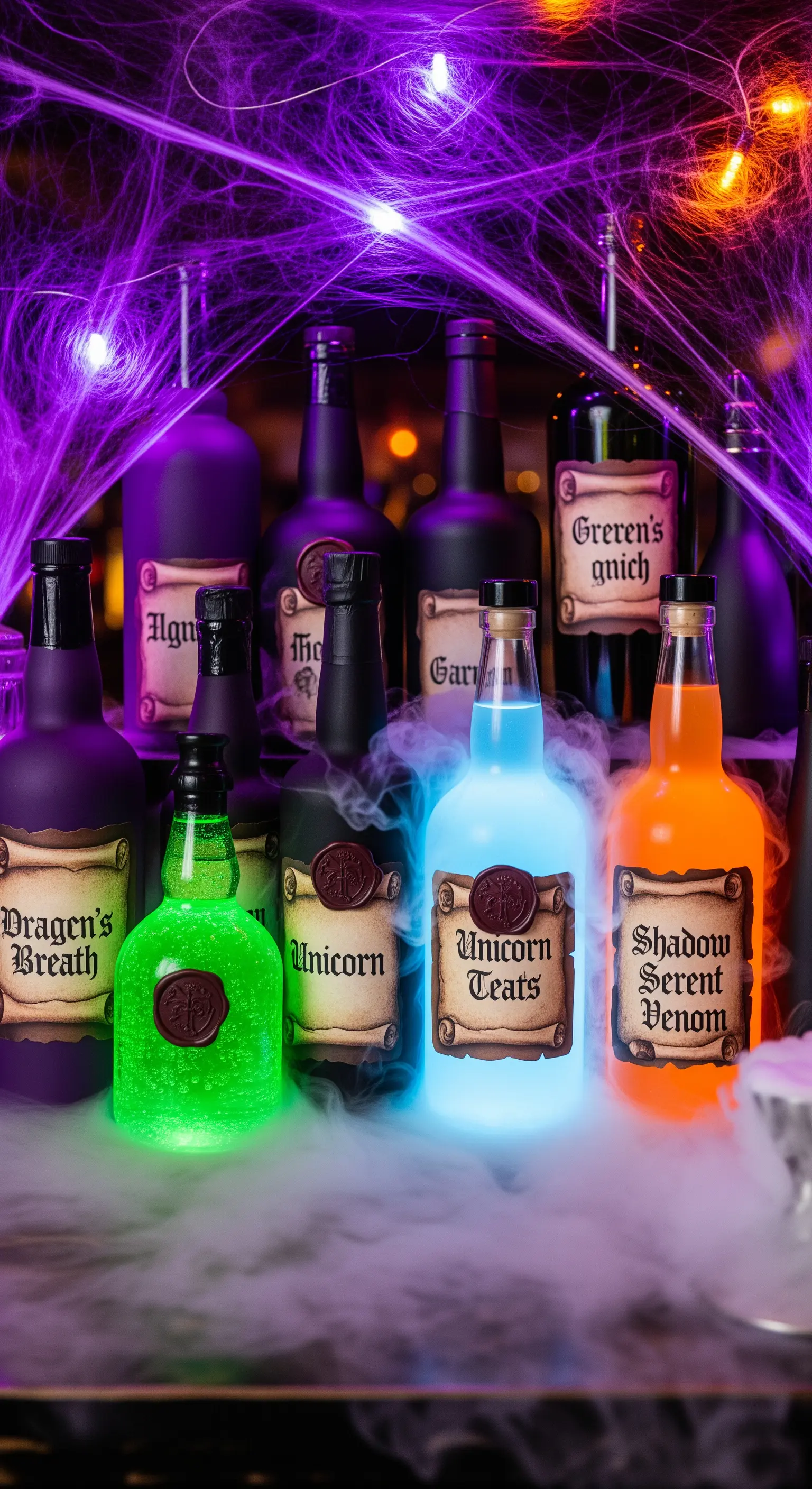 Bottiglie decorate come pozioni di Halloween, illuminate dall'interno con LED colorati e avvolte nel fumo.