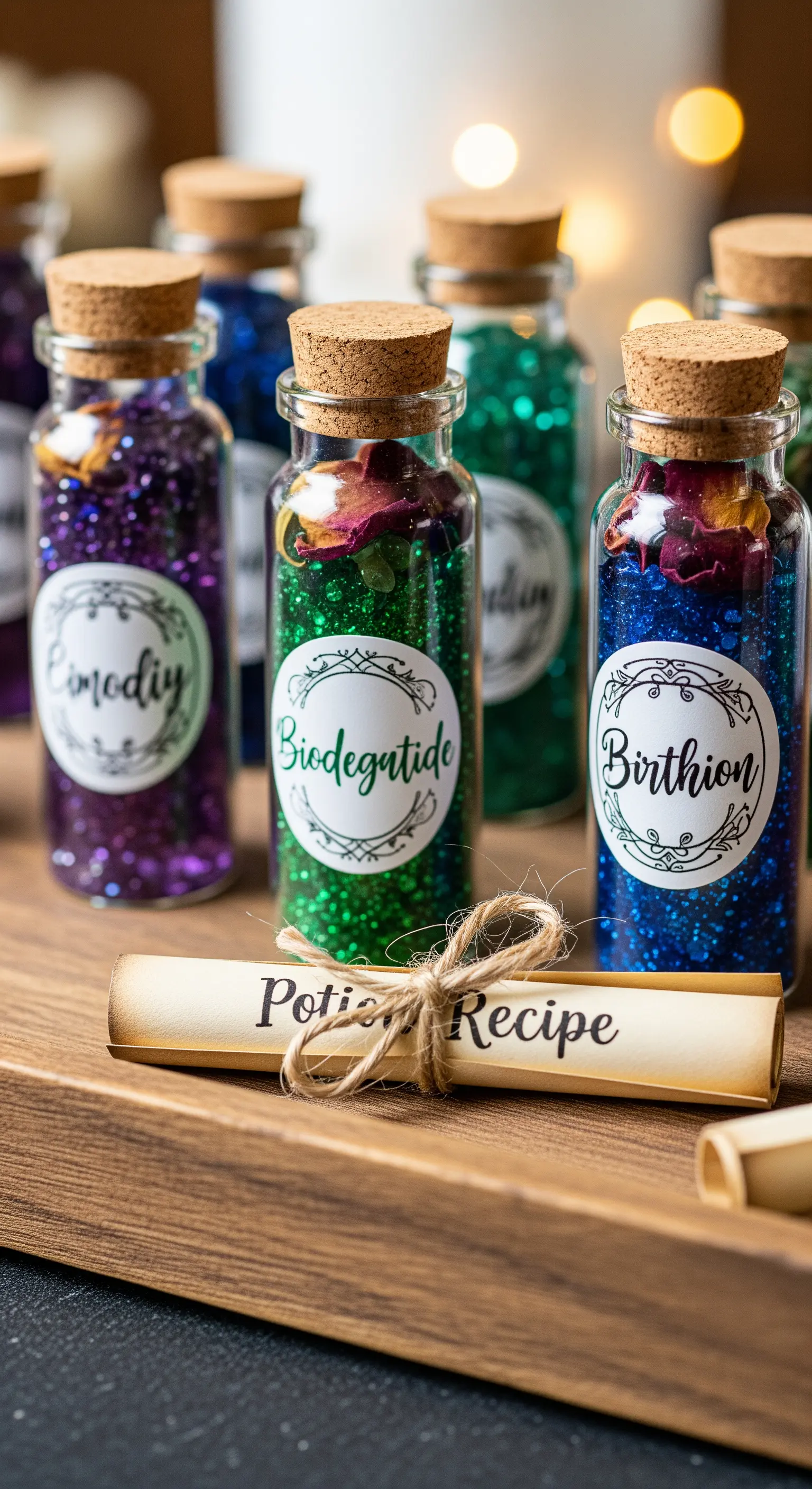 Piccole boccette di vetro con glitter colorati per creare pozioni magiche.