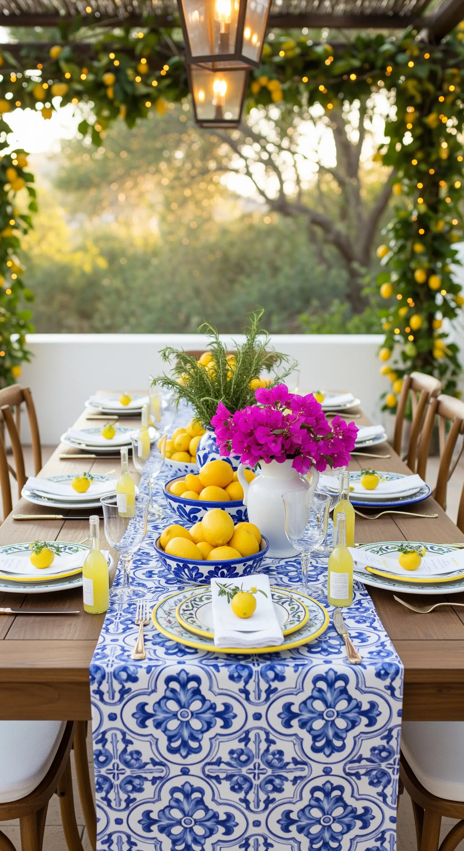 Tavola estiva con runner a maioliche, limoni freschi e bouganville sotto un pergolato.