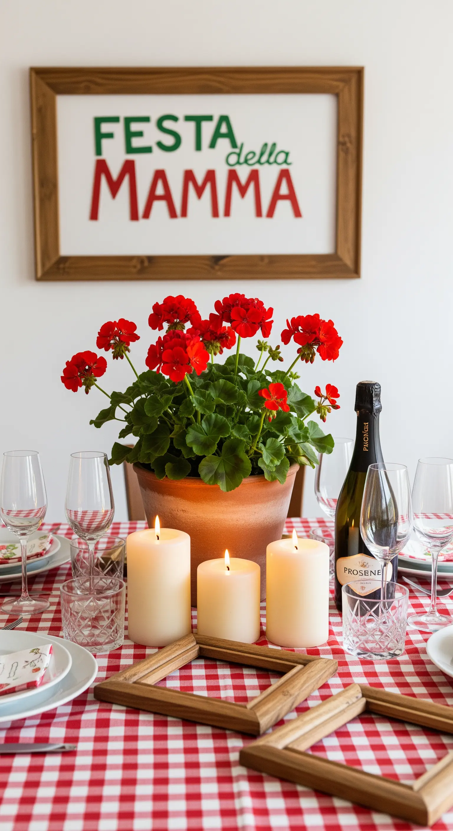 Tavola apparecchiata con tovaglia a quadretti, gerani rossi e candele per la Festa della Mamma.