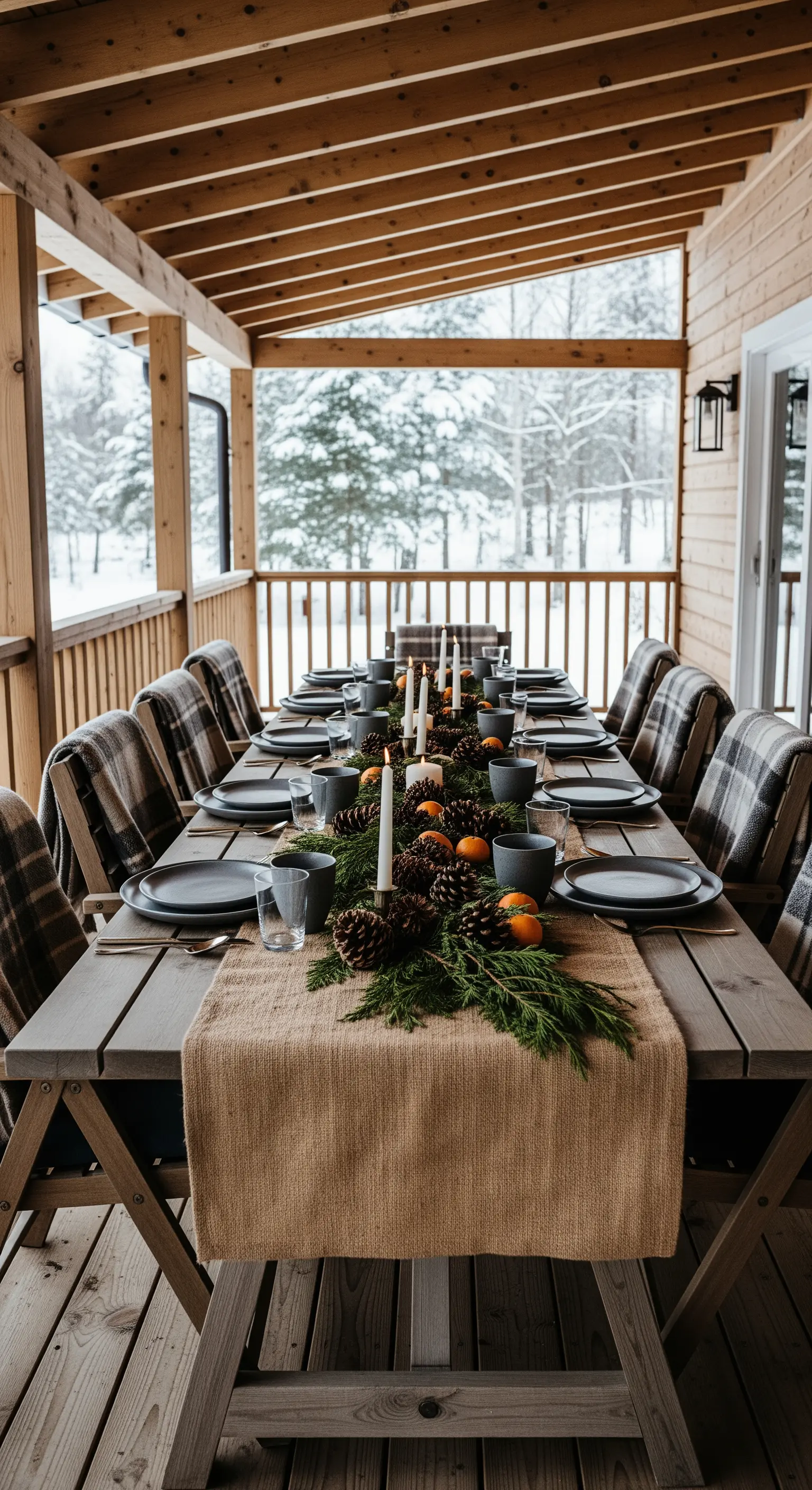 Tavola natalizia allestita su un portico in inverno, con plaid a quadri sulle sedie