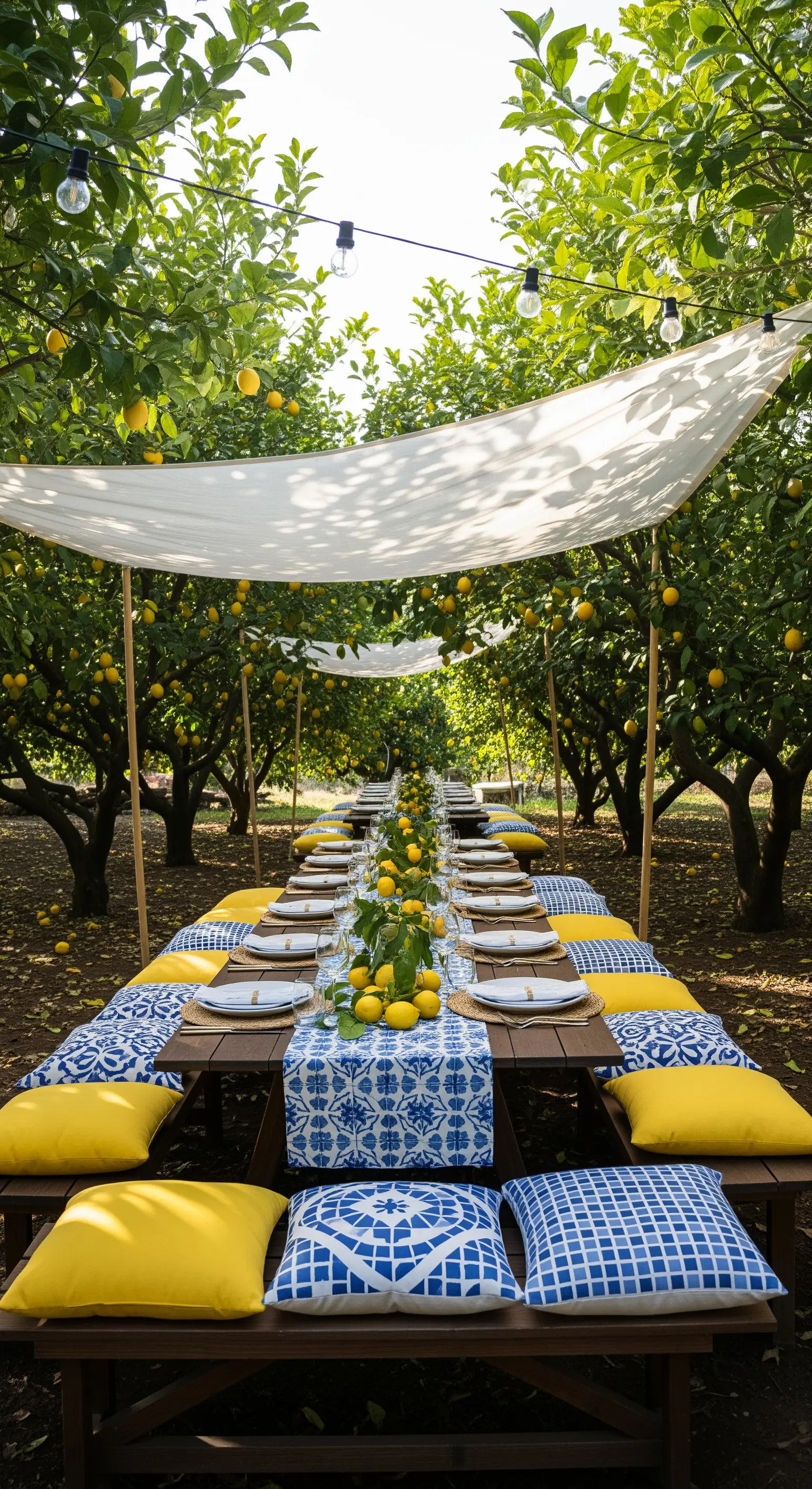 Lunga tavolata in un limoneto con cuscini blu e gialli e teli bianchi sospesi.