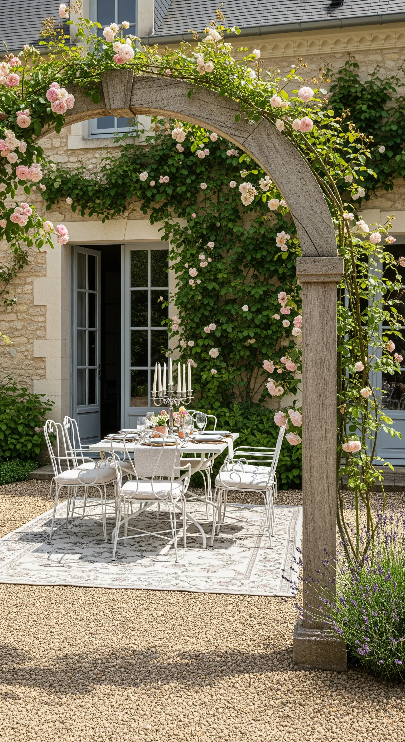 Giardino in stile francese con arco in legno, rose rosa e tavolo da pranzo su un tappeto.
