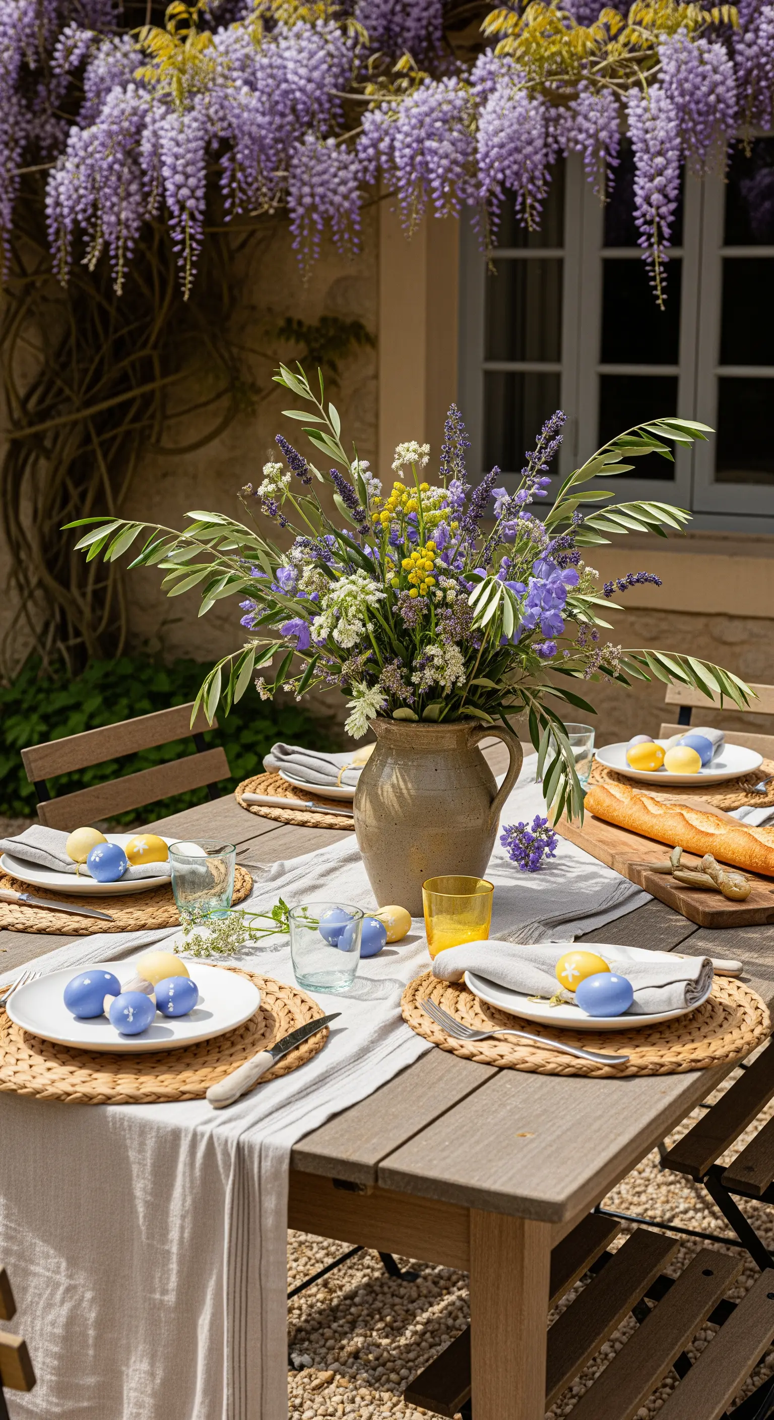 Tavola pasquale all'aperto sotto un glicine, con fiori di campo e uova blu e gialle.