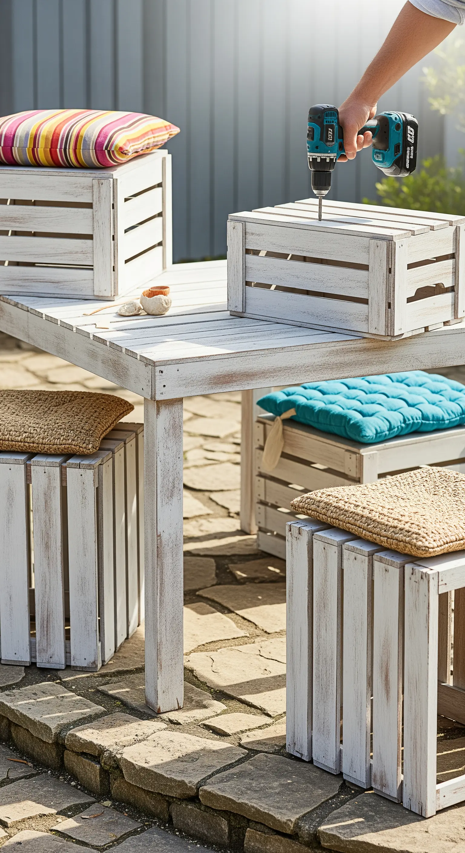 Tavolo e sgabelli da esterno realizzati con cassette di legno dipinte di bianco effetto shabby.